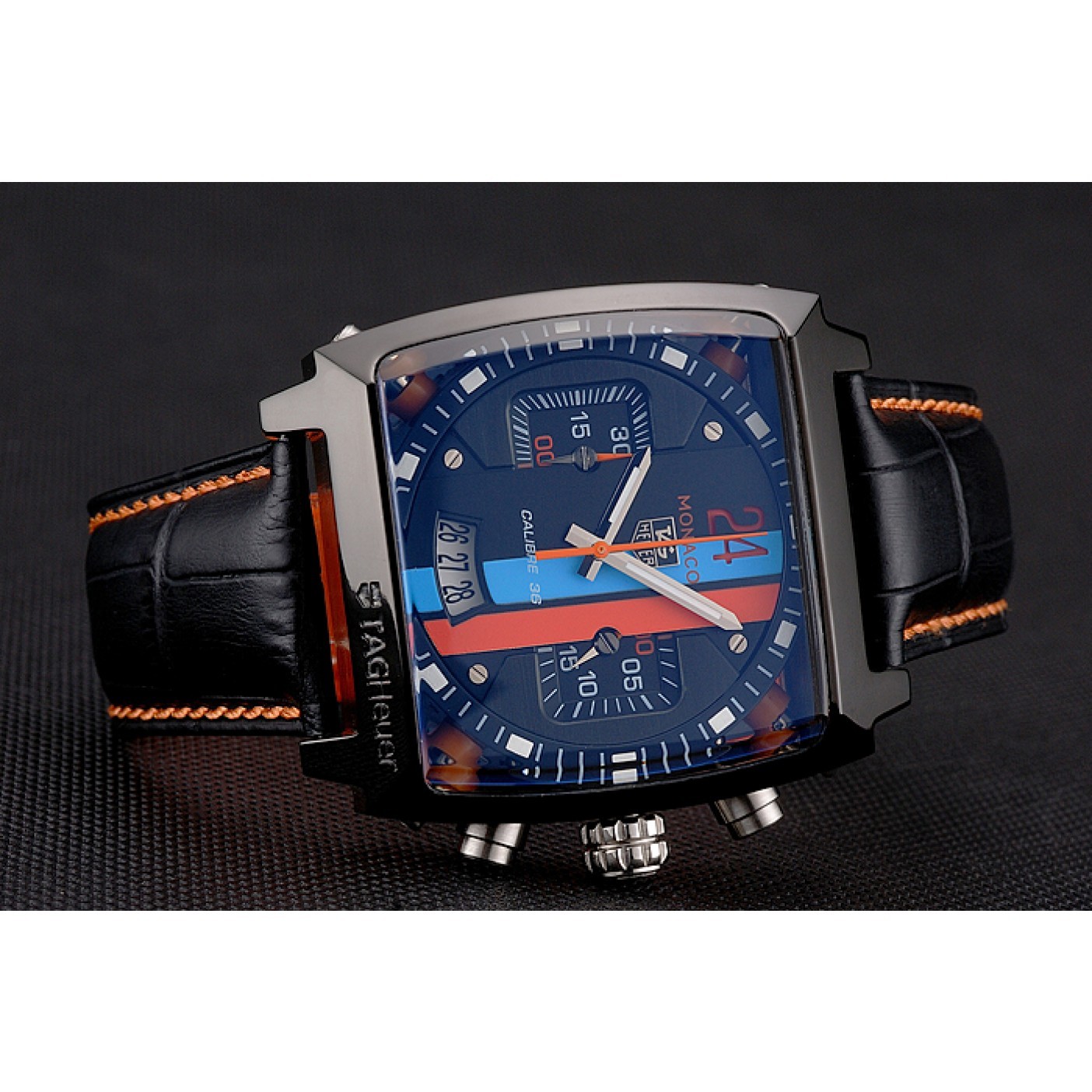 Tag Heuer Monaco Calibre 36 Blue And Orange Stripes Dial Black Leather Strap 622302