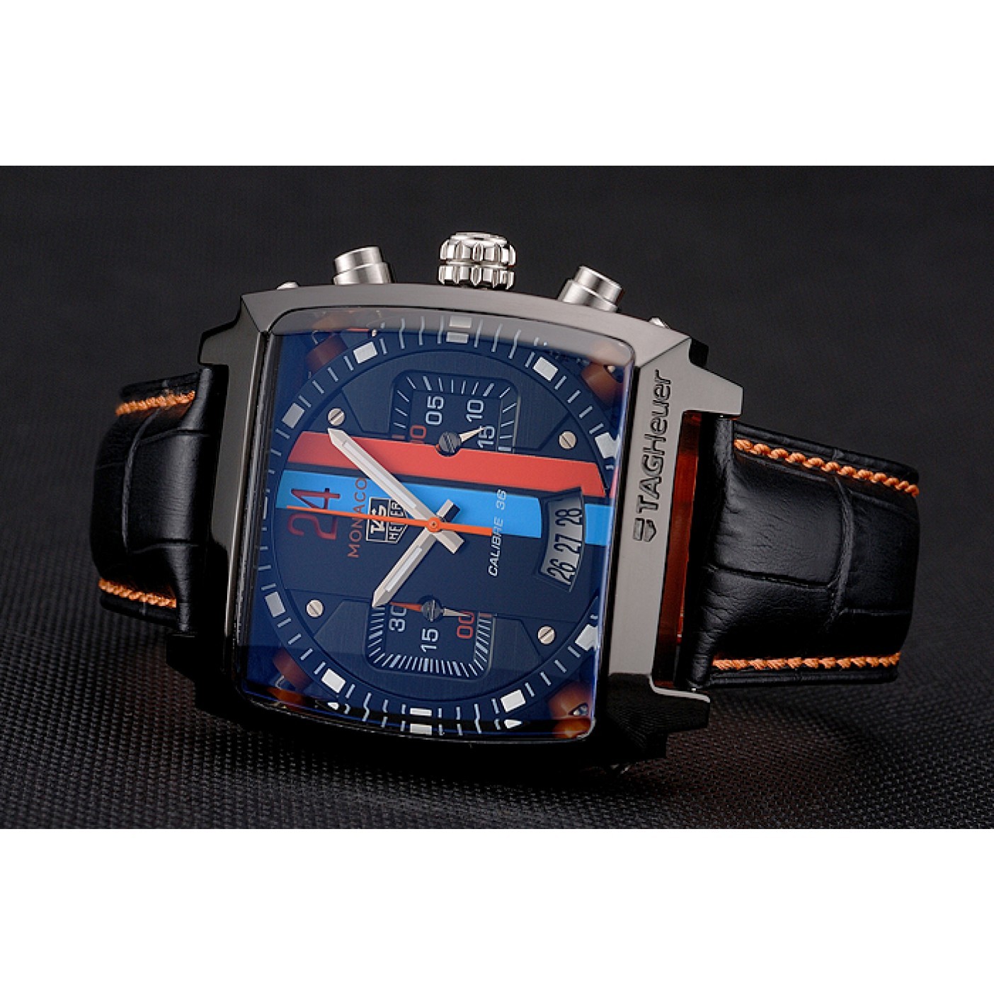 Tag Heuer Monaco Calibre 36 Blue And Orange Stripes Dial Black Leather Strap 622302