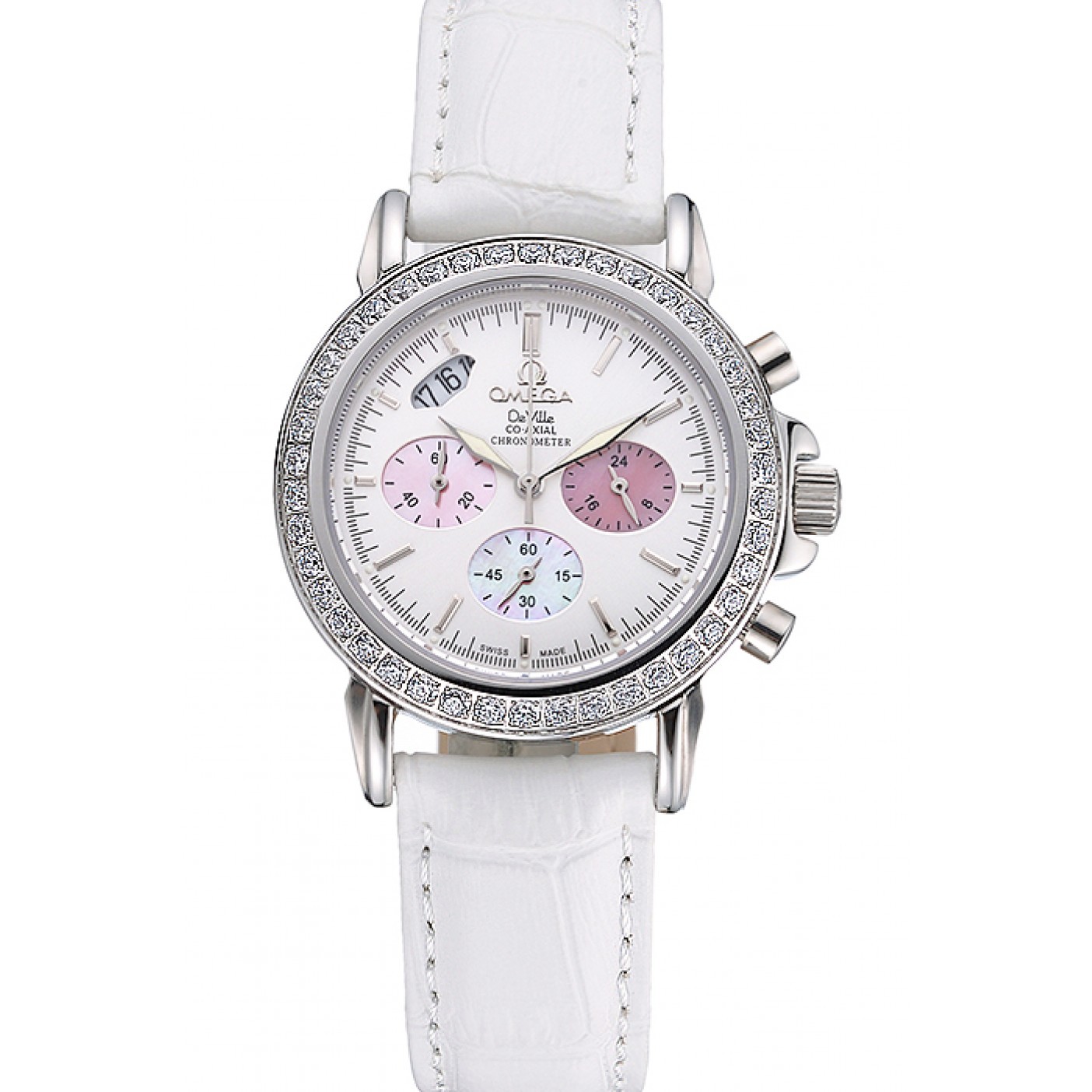 Omega De Ville Chronograph White Dial Stainless Steel Diamond Case White Leather Bracelet 622453