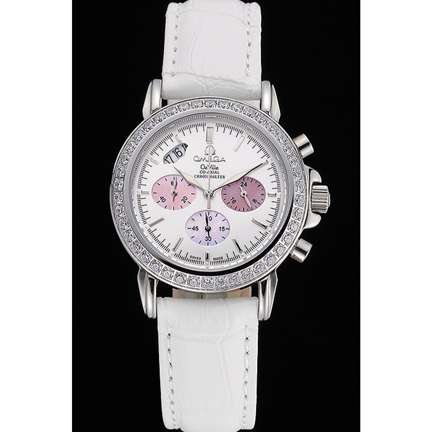 Omega De Ville Chronograph White Dial Stainless Steel Diamond Case White Leather Bracelet 622453