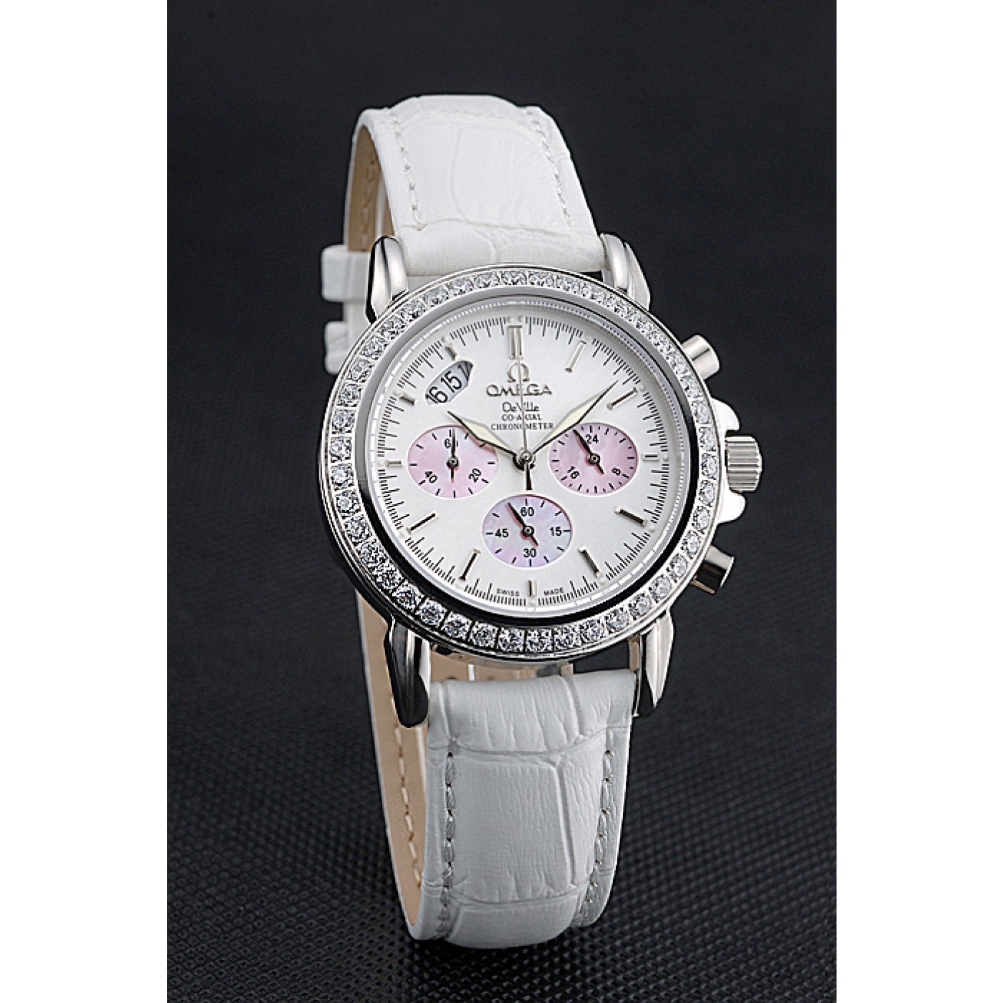 Omega De Ville Chronograph White Dial Stainless Steel Diamond Case White Leather Bracelet 622453