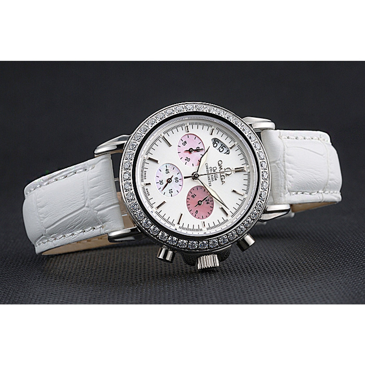 Omega De Ville Chronograph White Dial Stainless Steel Diamond Case White Leather Bracelet 622453