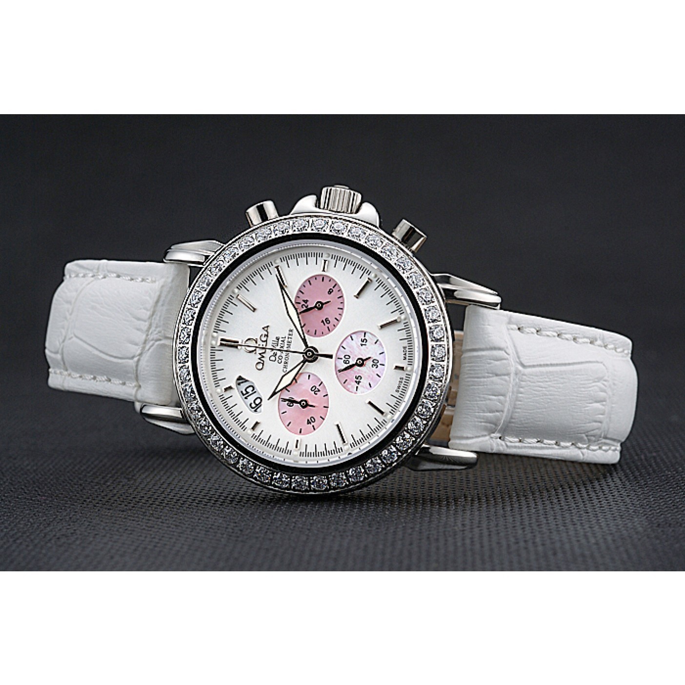 Omega De Ville Chronograph White Dial Stainless Steel Diamond Case White Leather Bracelet 622453