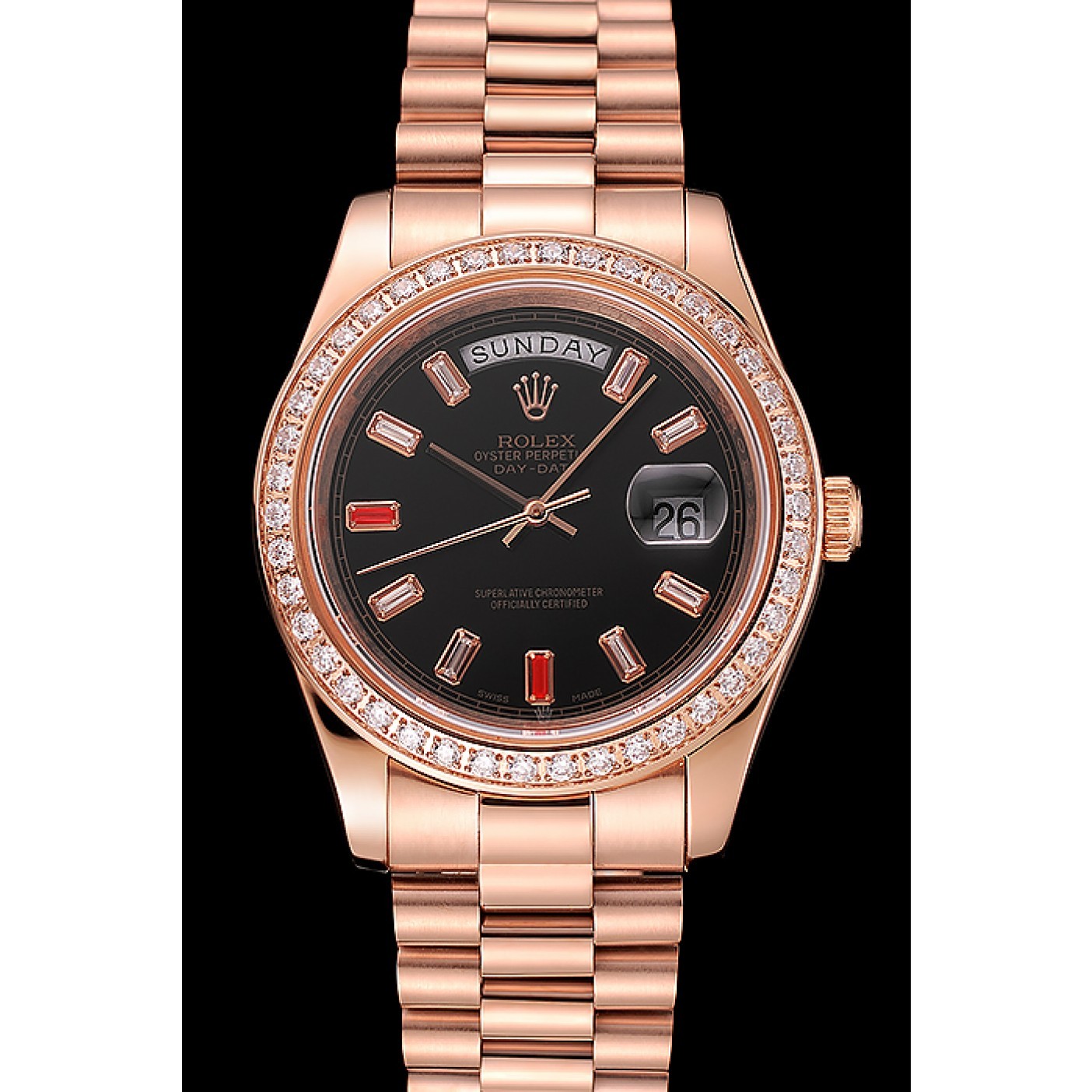 Swiss Rolex Day-Date Diamonds And Rubies Black Dial Rose Gold Bracelet 1454102