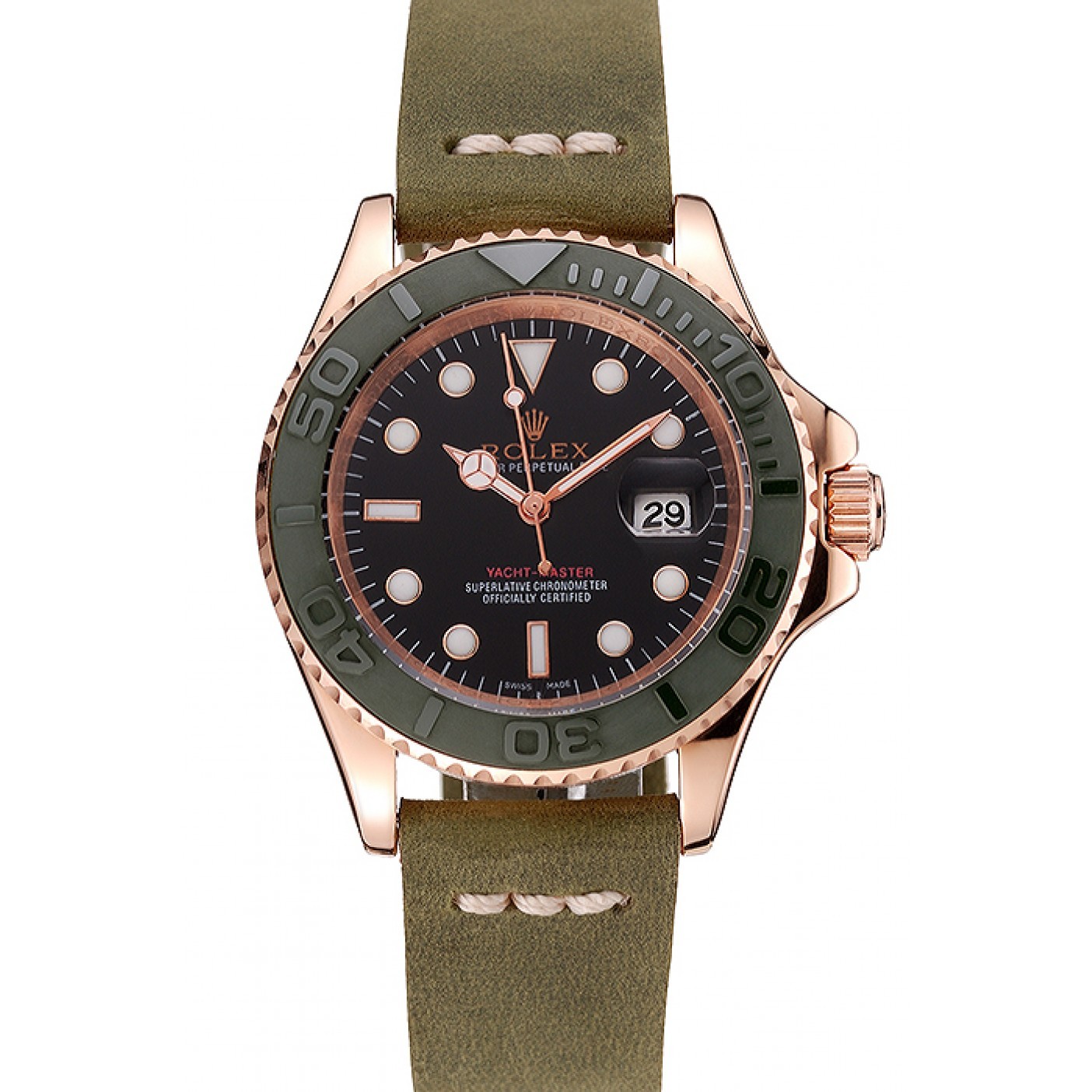 RepTime Watches Rolex Yacht Master Black Dial Green Bezel Rose Gold Case Green Leather Bracelet 1453862