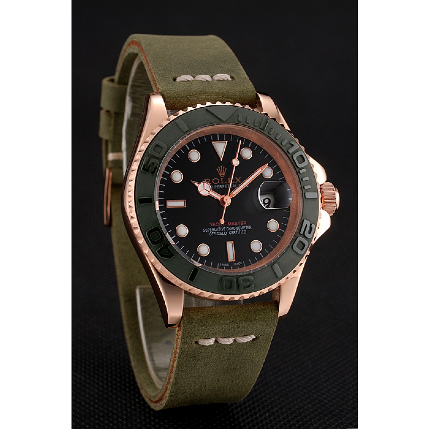 RepTime Watches Rolex Yacht Master Black Dial Green Bezel Rose Gold Case Green Leather Bracelet 1453862