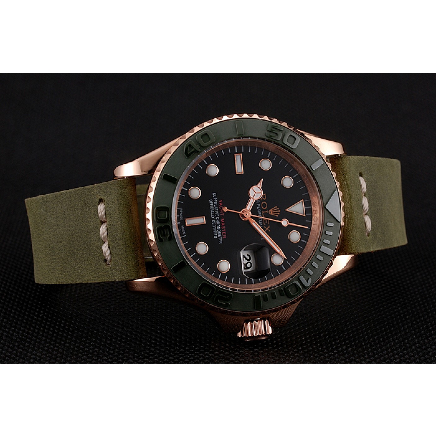 RepTime Watches Rolex Yacht Master Black Dial Green Bezel Rose Gold Case Green Leather Bracelet 1453862