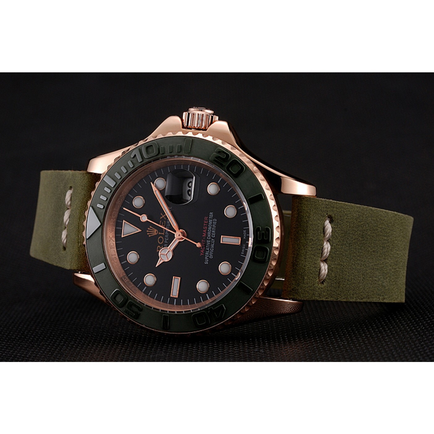 RepTime Watches Rolex Yacht Master Black Dial Green Bezel Rose Gold Case Green Leather Bracelet 1453862