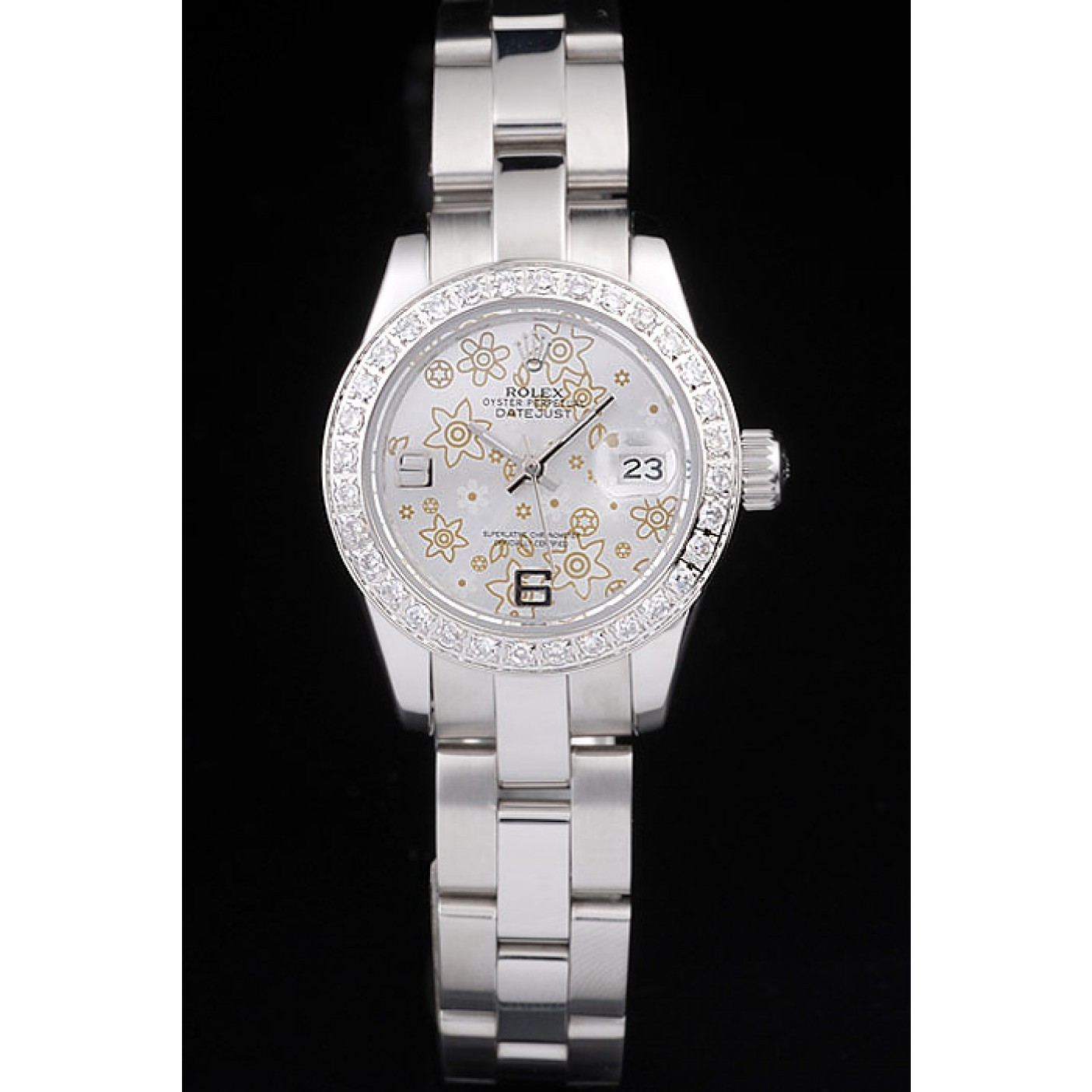 RepTime Watches Rolex Datejust Polished Stainless Steel Silver Flowers Dial Diamond Plated 98082