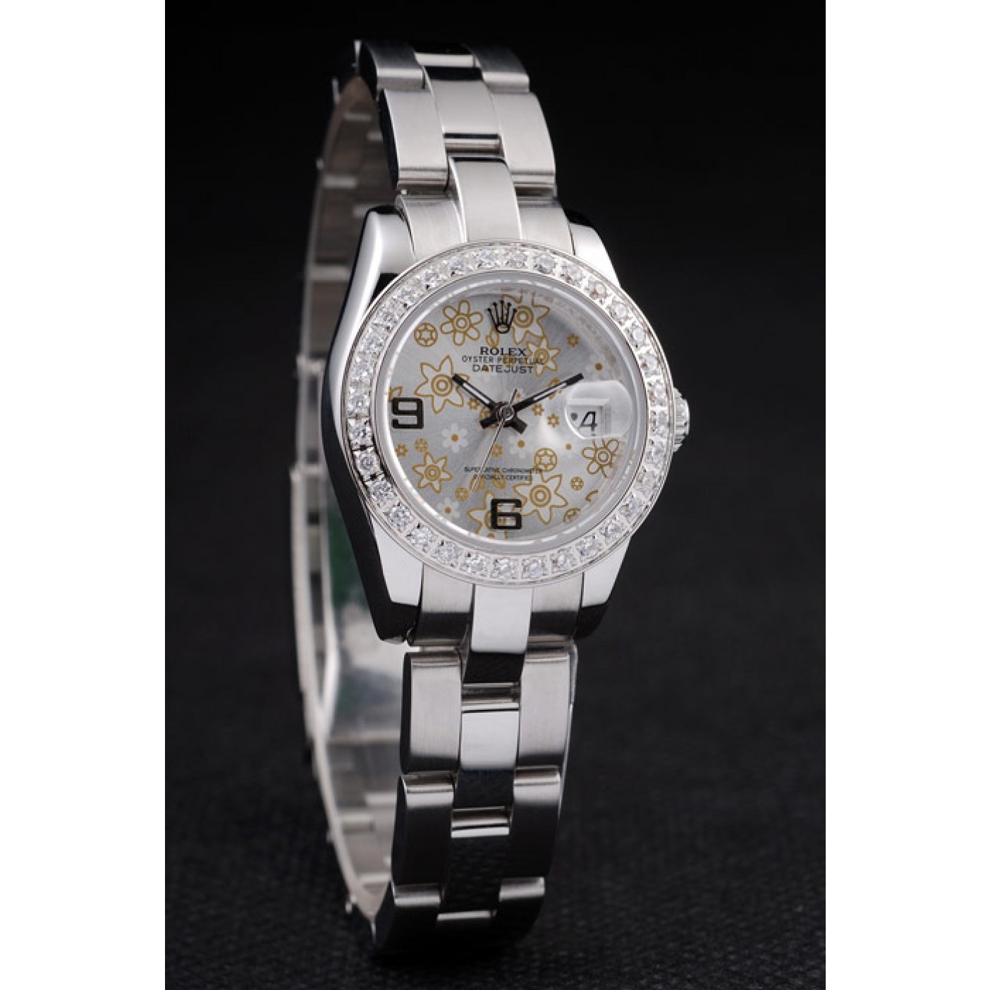 RepTime Watches Rolex Datejust Polished Stainless Steel Silver Flowers Dial Diamond Plated 98082