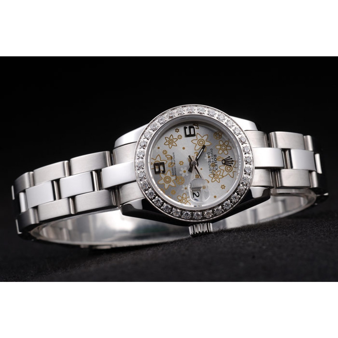 RepTime Watches Rolex Datejust Polished Stainless Steel Silver Flowers Dial Diamond Plated 98082