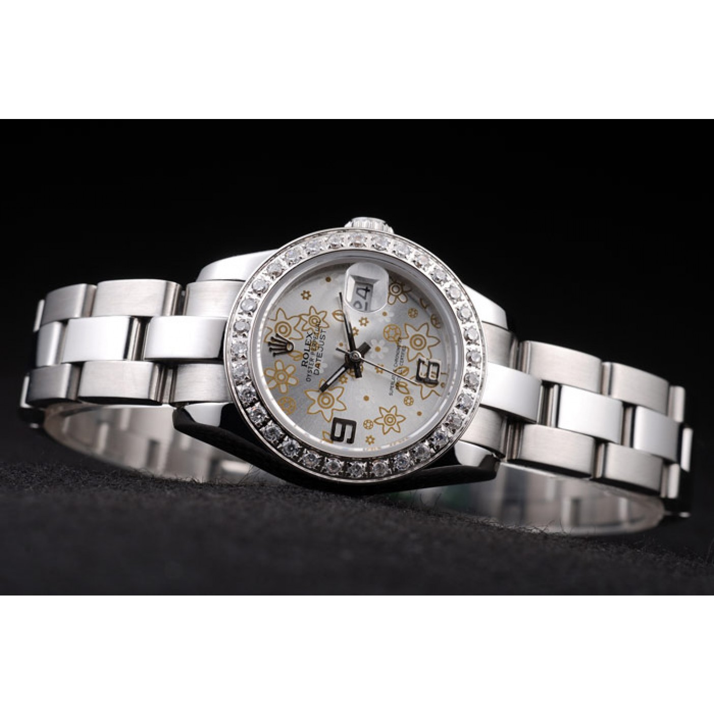 RepTime Watches Rolex Datejust Polished Stainless Steel Silver Flowers Dial Diamond Plated 98082