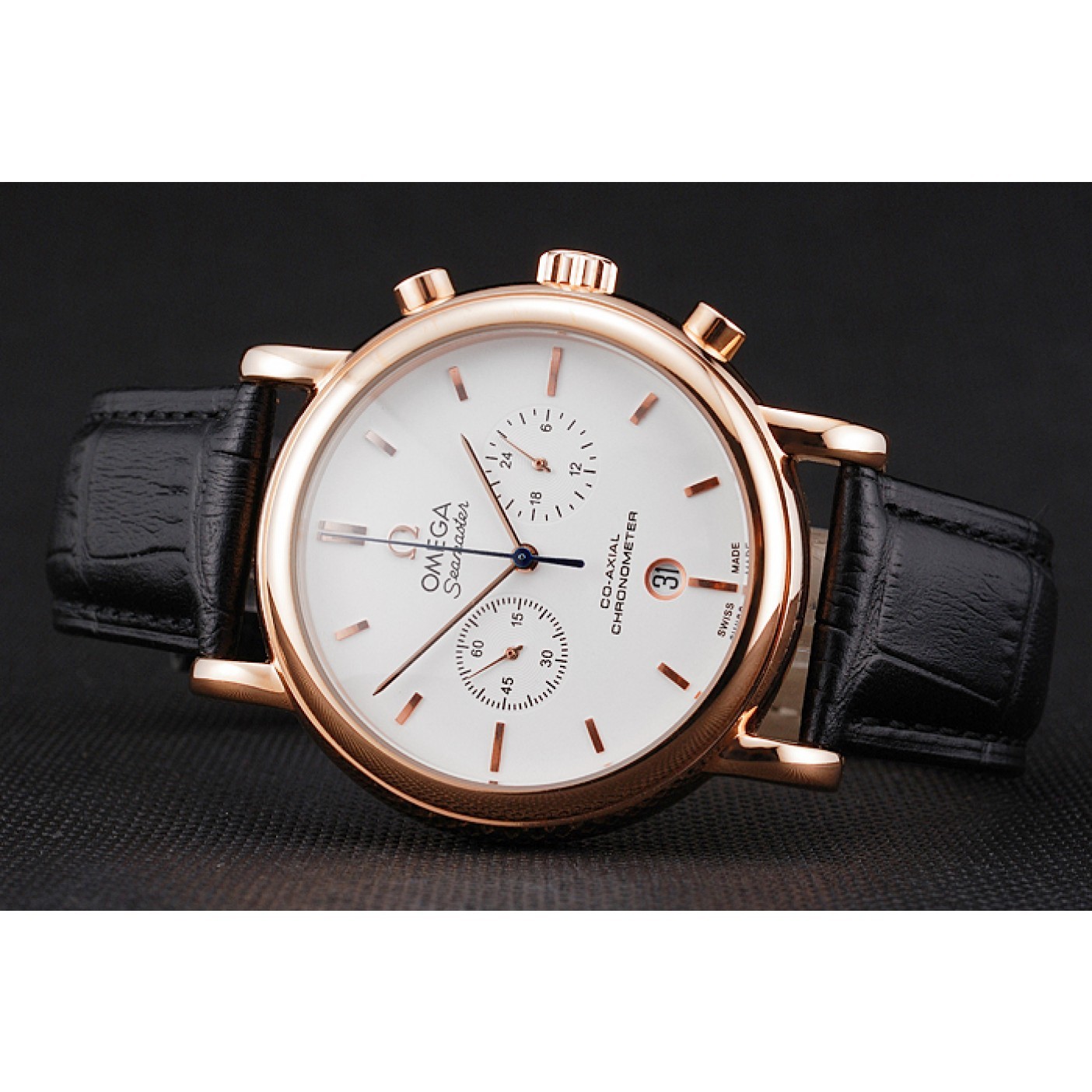 Omega Seamaster Vintage Chronograph White Dial Rose Gold Case Black Leather Strap