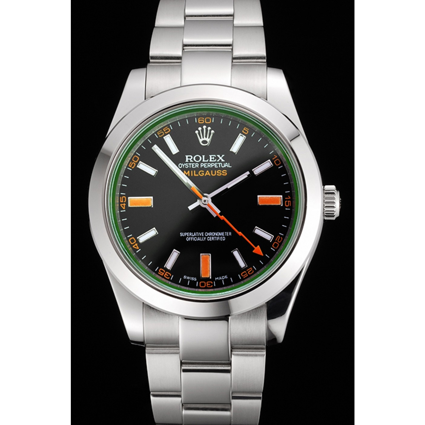 Swiss Rolex Milgauss Black Dial Orange Markings Stainless Steel Case And Bracelet