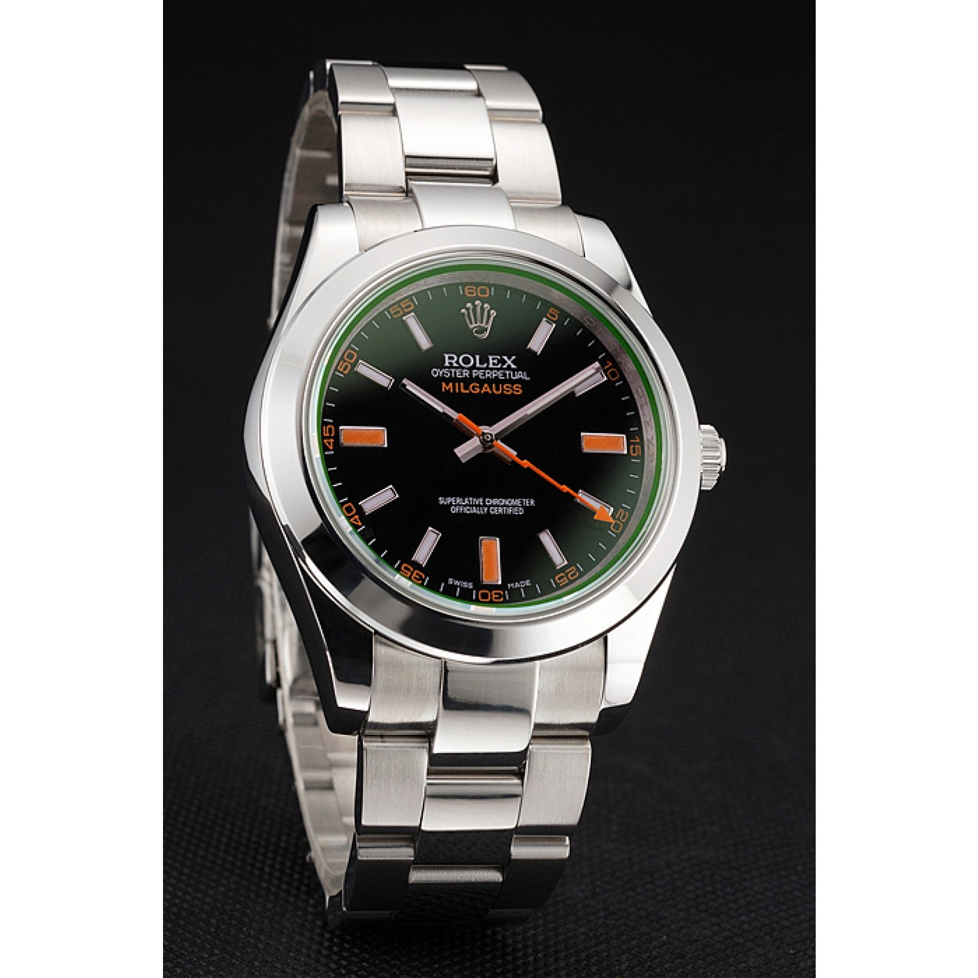 Swiss Rolex Milgauss Black Dial Orange Markings Stainless Steel Case And Bracelet