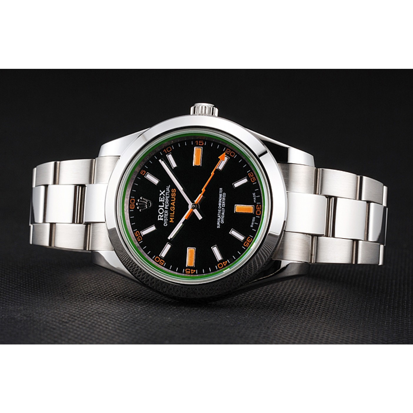 Swiss Rolex Milgauss Black Dial Orange Markings Stainless Steel Case And Bracelet