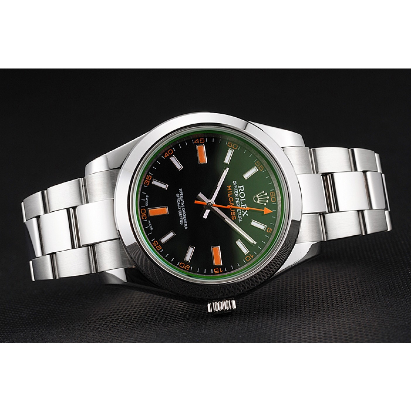 Swiss Rolex Milgauss Black Dial Orange Markings Stainless Steel Case And Bracelet