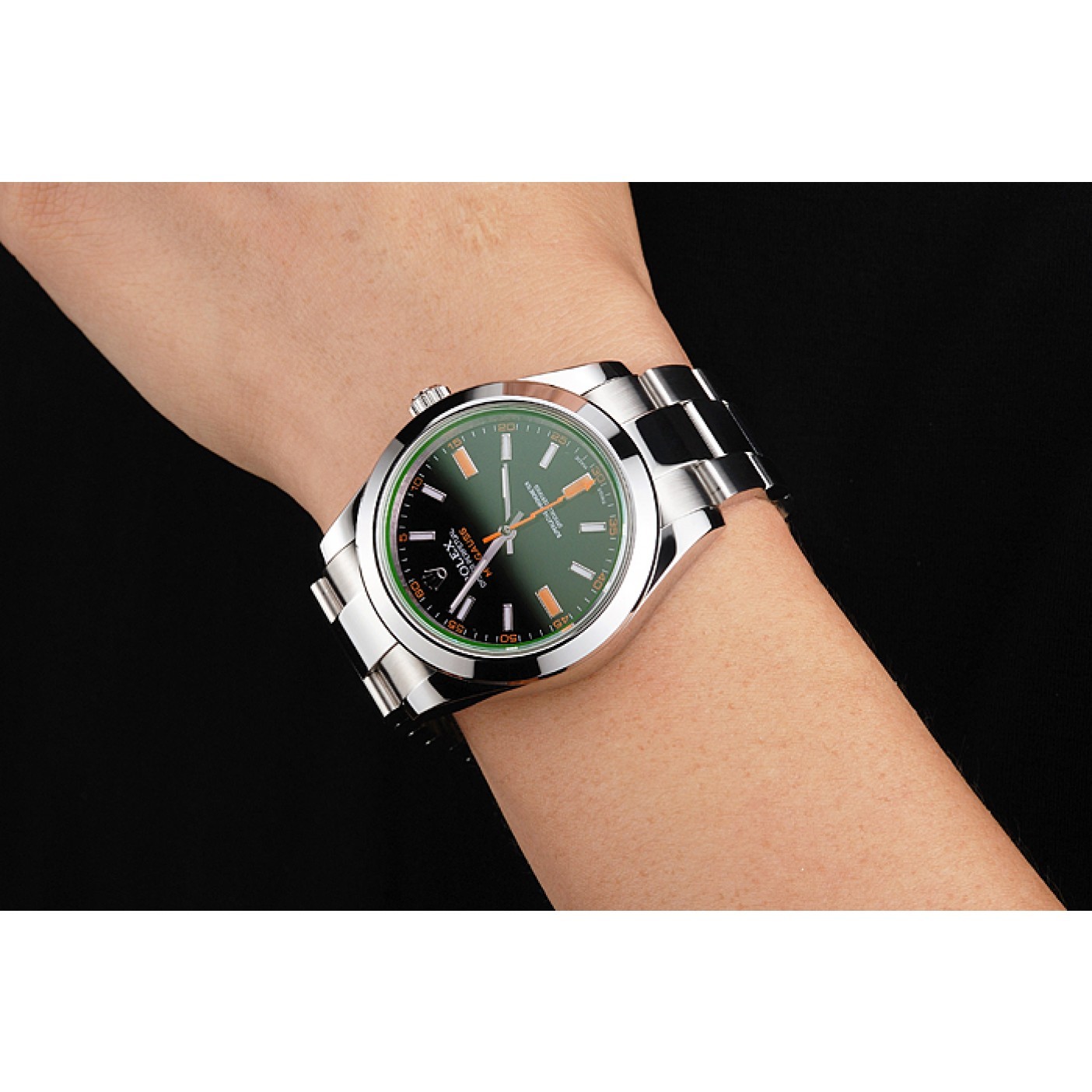 Swiss Rolex Milgauss Black Dial Orange Markings Stainless Steel Case And Bracelet