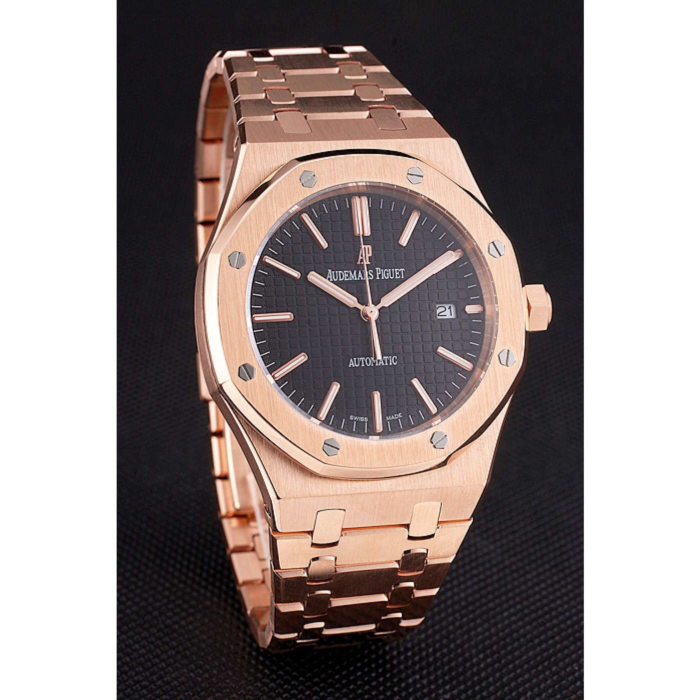 Swiss Audemars Piguet Royal Oak Black Dial Rose Gold Case And Bracelet