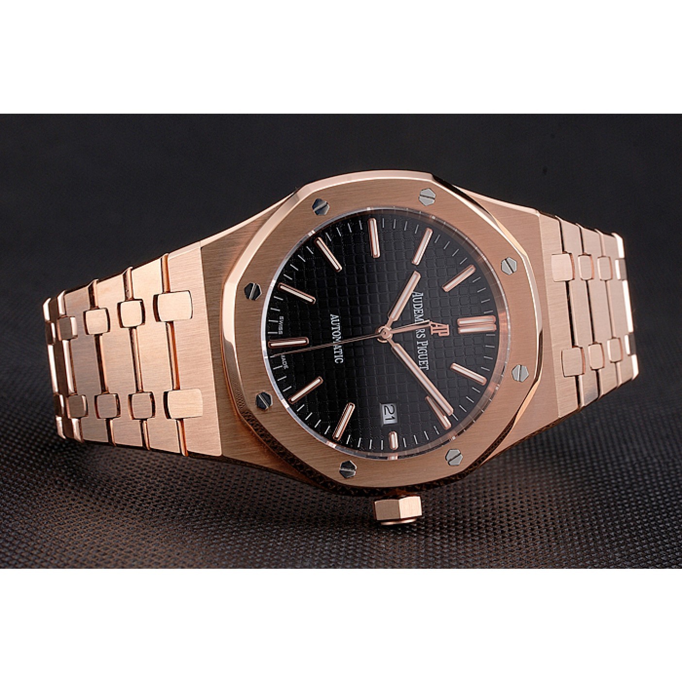 Swiss Audemars Piguet Royal Oak Black Dial Rose Gold Case And Bracelet