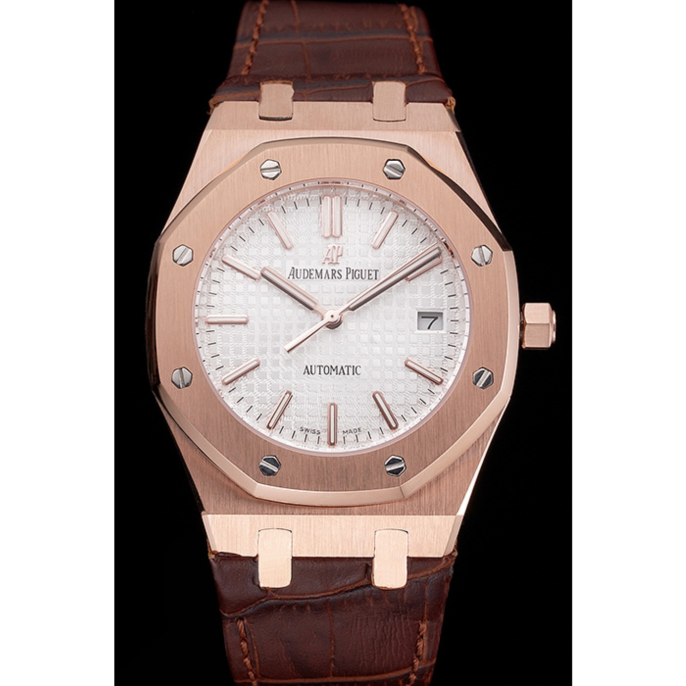 Swiss Audemars Piguet Royal Oak White Dial Gold Case Brown Leather Strap