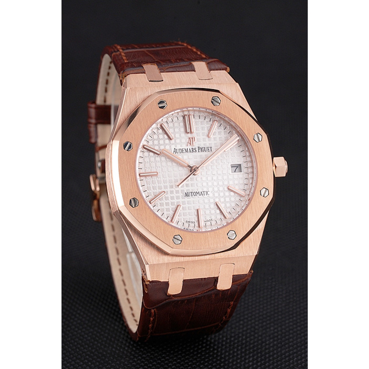 Swiss Audemars Piguet Royal Oak White Dial Gold Case Brown Leather Strap