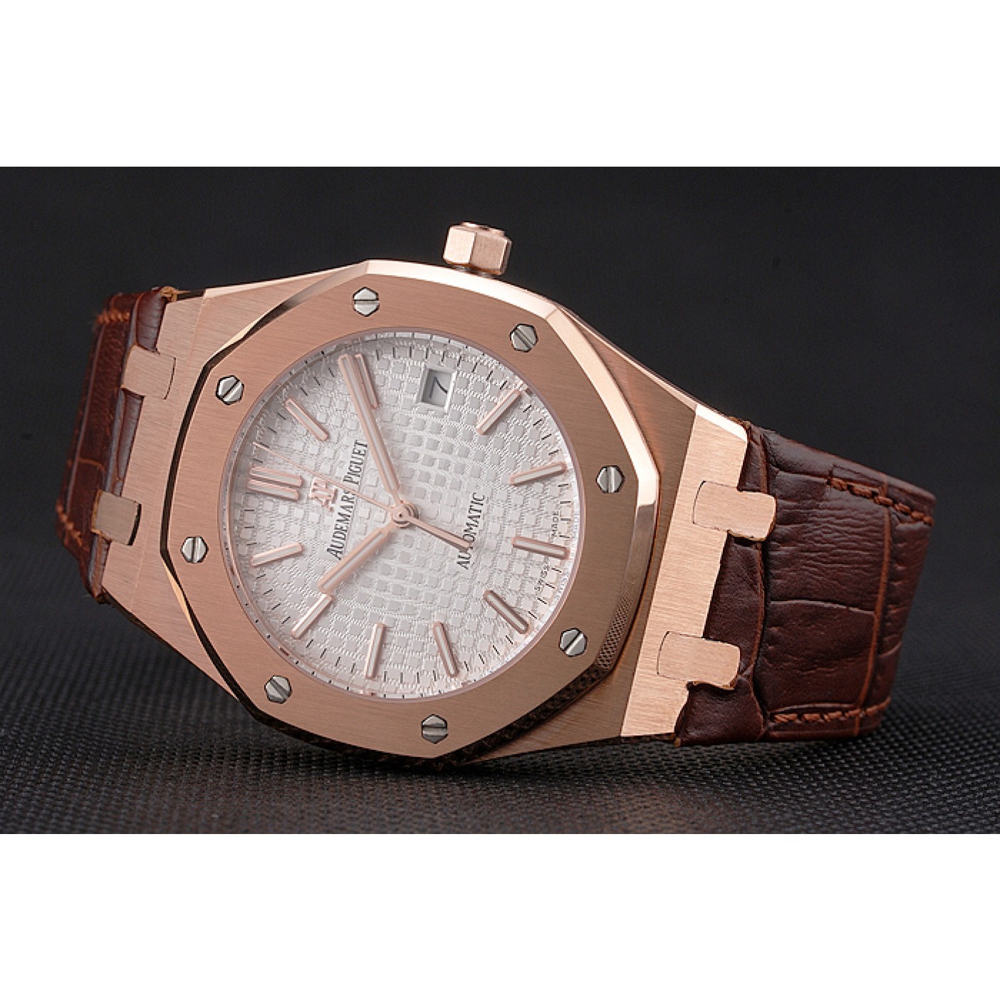 Swiss Audemars Piguet Royal Oak White Dial Gold Case Brown Leather Strap