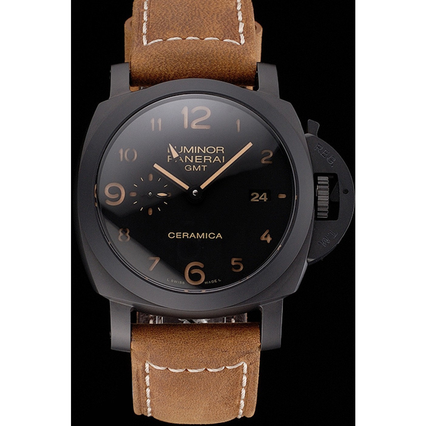 Swiss Panerai Luminor GMT Ceraica Black Dial Black Case Brown Leather Strap