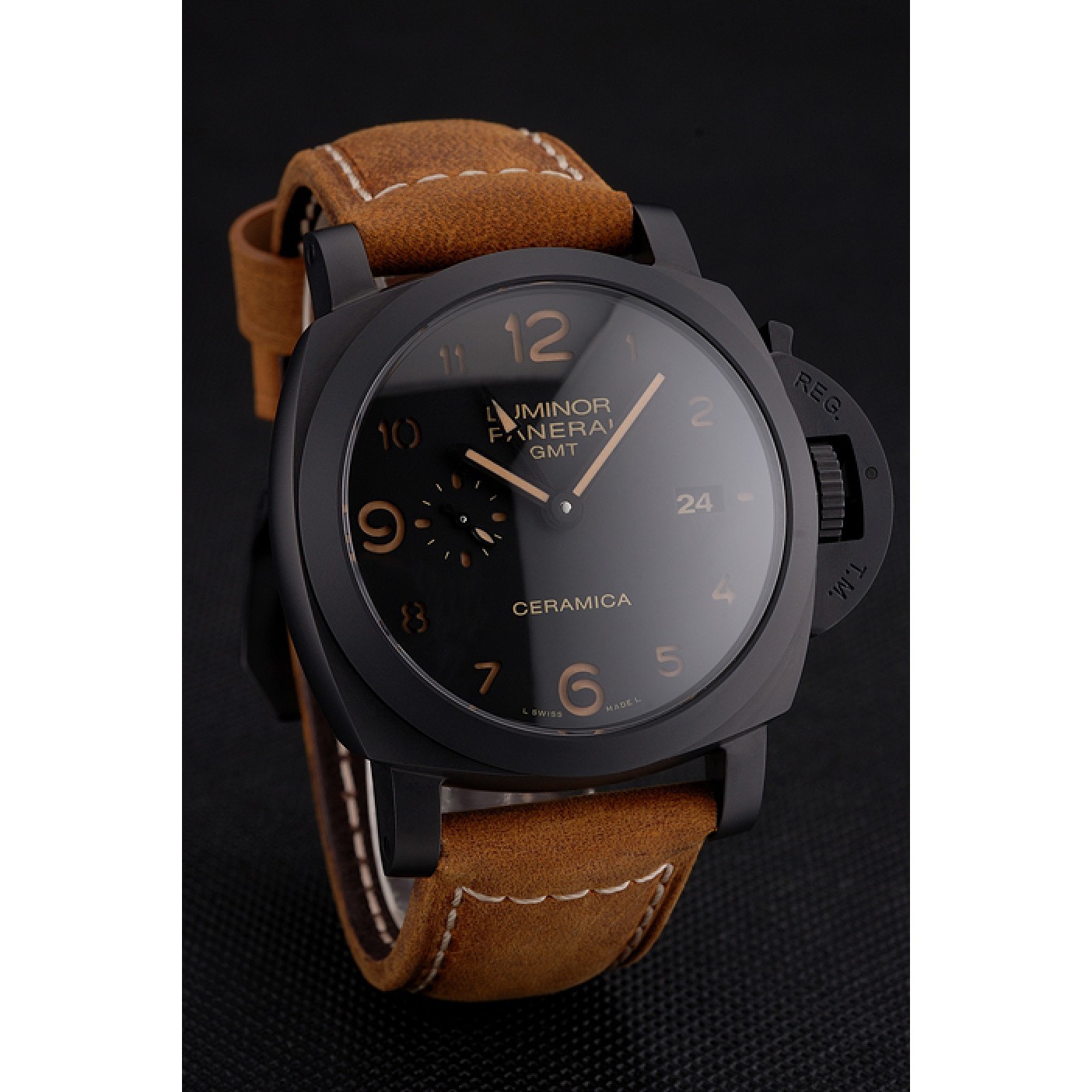 Swiss Panerai Luminor GMT Ceraica Black Dial Black Case Brown Leather Strap