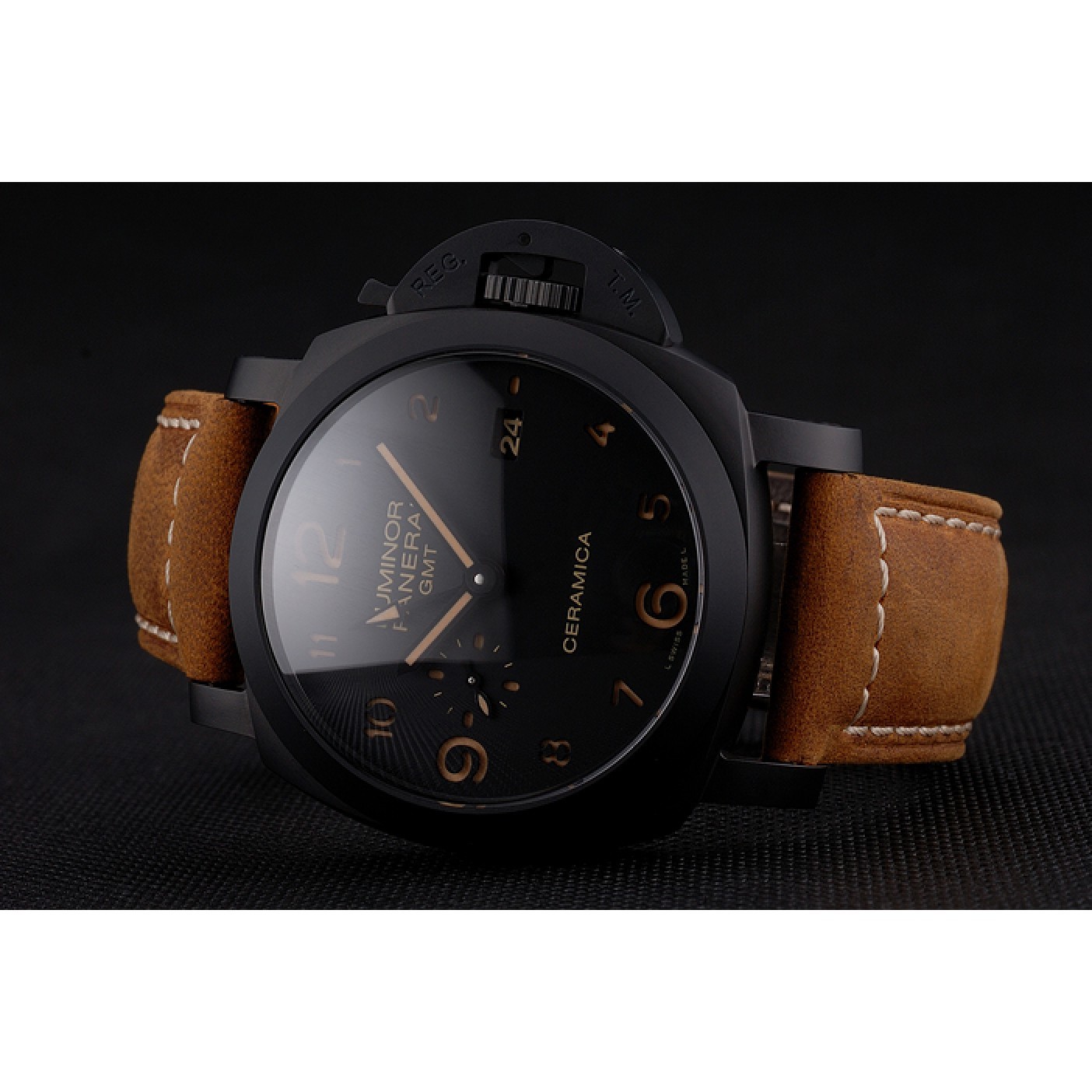 Swiss Panerai Luminor GMT Ceraica Black Dial Black Case Brown Leather Strap