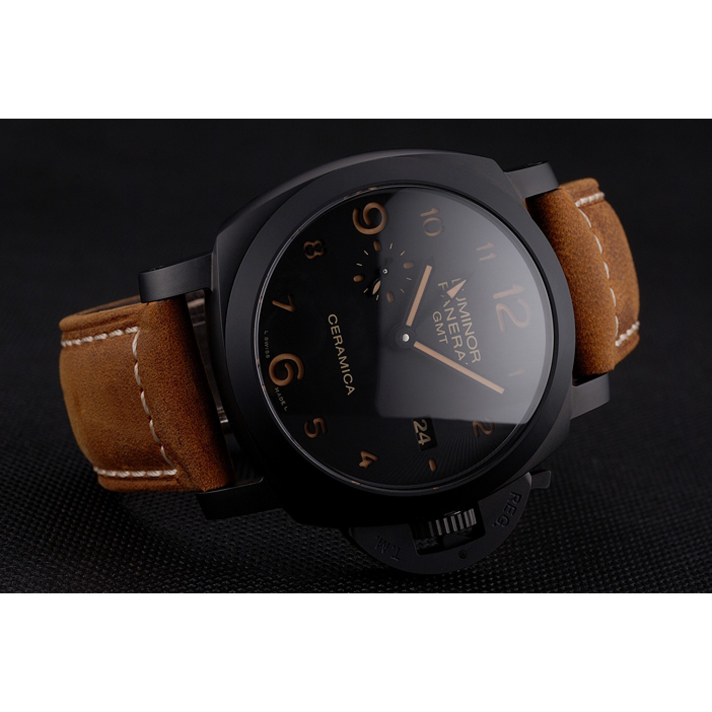 Swiss Panerai Luminor GMT Ceraica Black Dial Black Case Brown Leather Strap