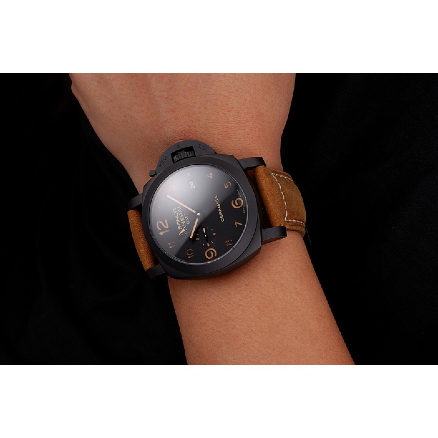 Swiss Panerai Luminor GMT Ceraica Black Dial Black Case Brown Leather Strap