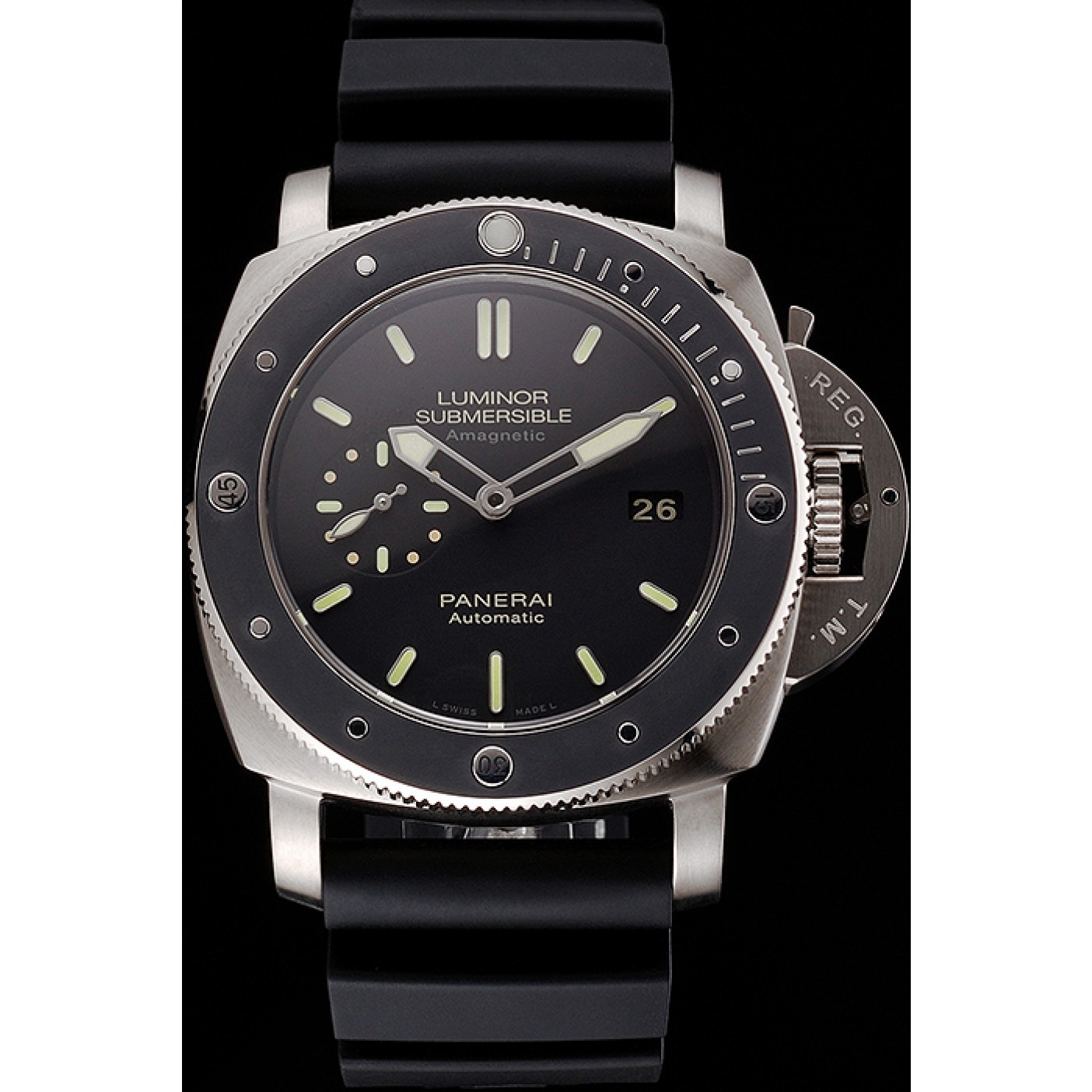 Swiss Panerai Luminor Submersible Black Dial Stainless Steel Case Black Bezel Black Rubber Strap