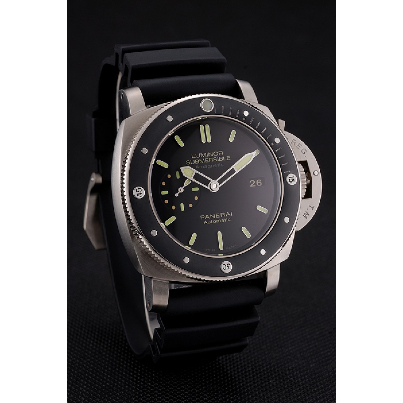 Swiss Panerai Luminor Submersible Black Dial Stainless Steel Case Black Bezel Black Rubber Strap