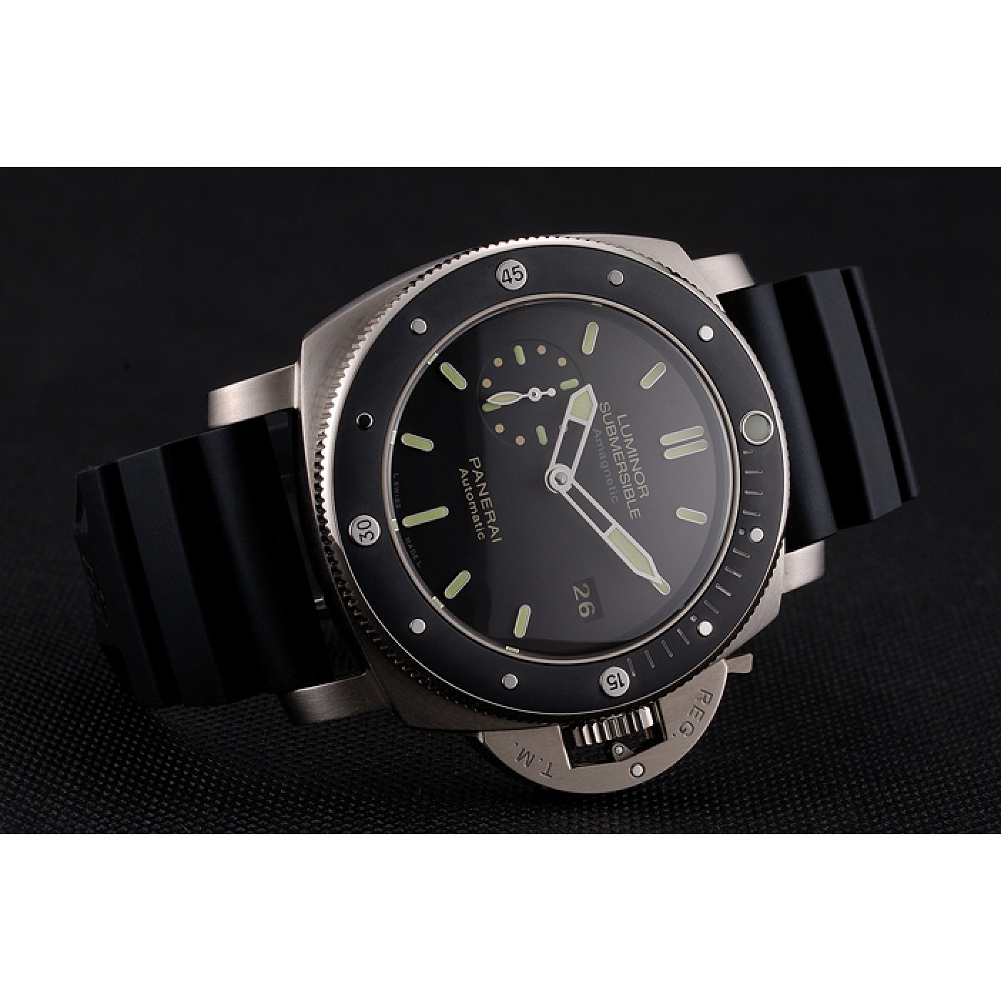 Swiss Panerai Luminor Submersible Black Dial Stainless Steel Case Black Bezel Black Rubber Strap