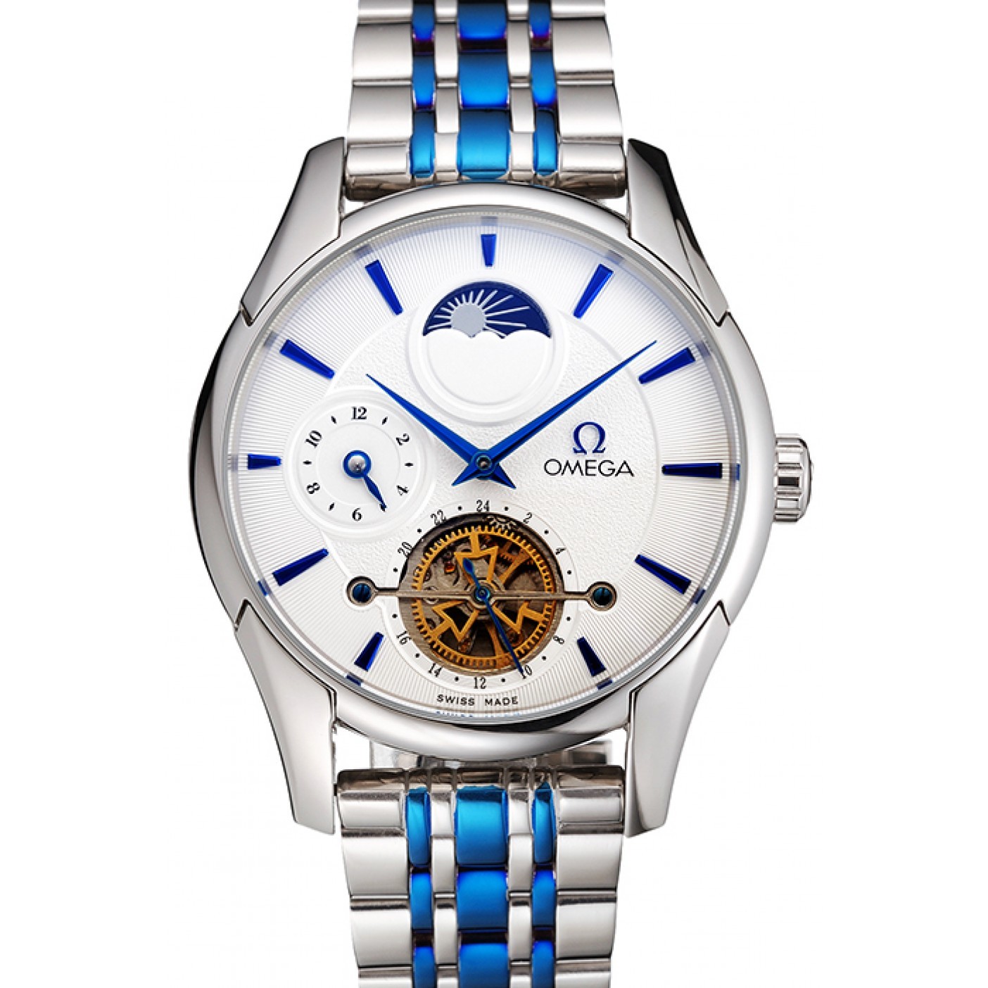 Omega De Ville Moonphase Tourbillon White Dial Stainless Steel Case Two Tone Steel Blue Bracelet