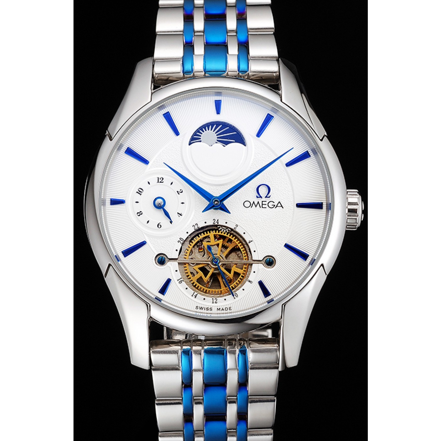 Omega De Ville Moonphase Tourbillon White Dial Stainless Steel Case Two Tone Steel Blue Bracelet