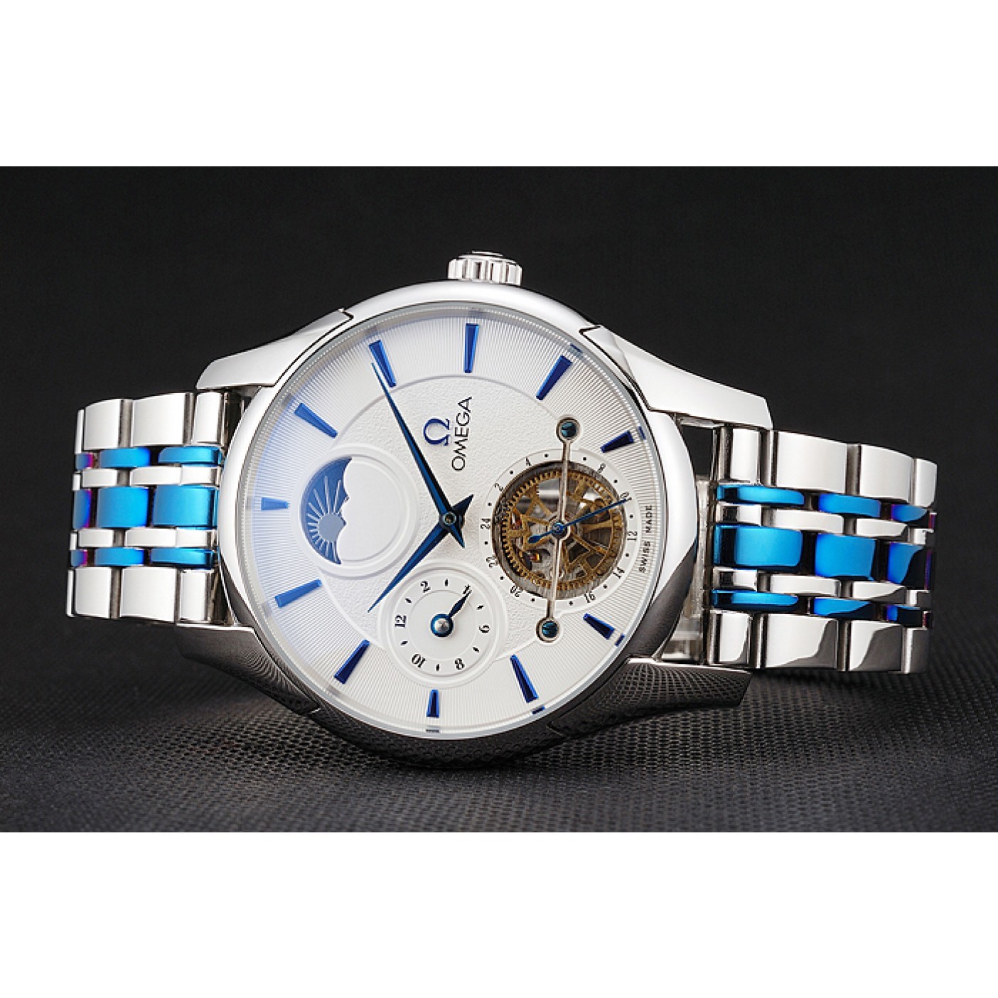 Omega De Ville Moonphase Tourbillon White Dial Stainless Steel Case Two Tone Steel Blue Bracelet