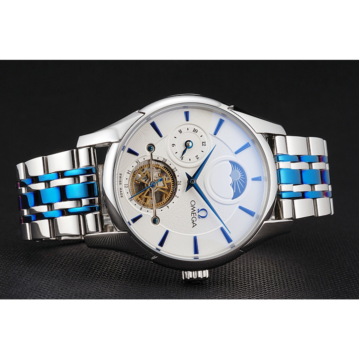 Omega De Ville Moonphase Tourbillon White Dial Stainless Steel Case Two Tone Steel Blue Bracelet