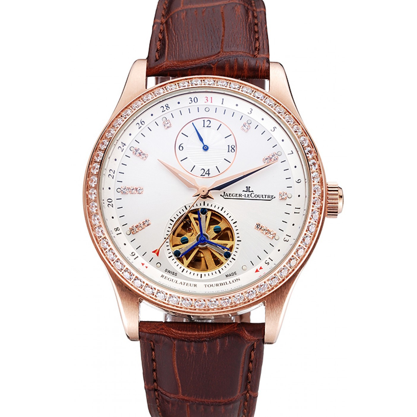 Jaeger-LeCoultre Master Tourbillon Dualtime White Dial Gold Case With Diamonds Brown Leather Strap 622782