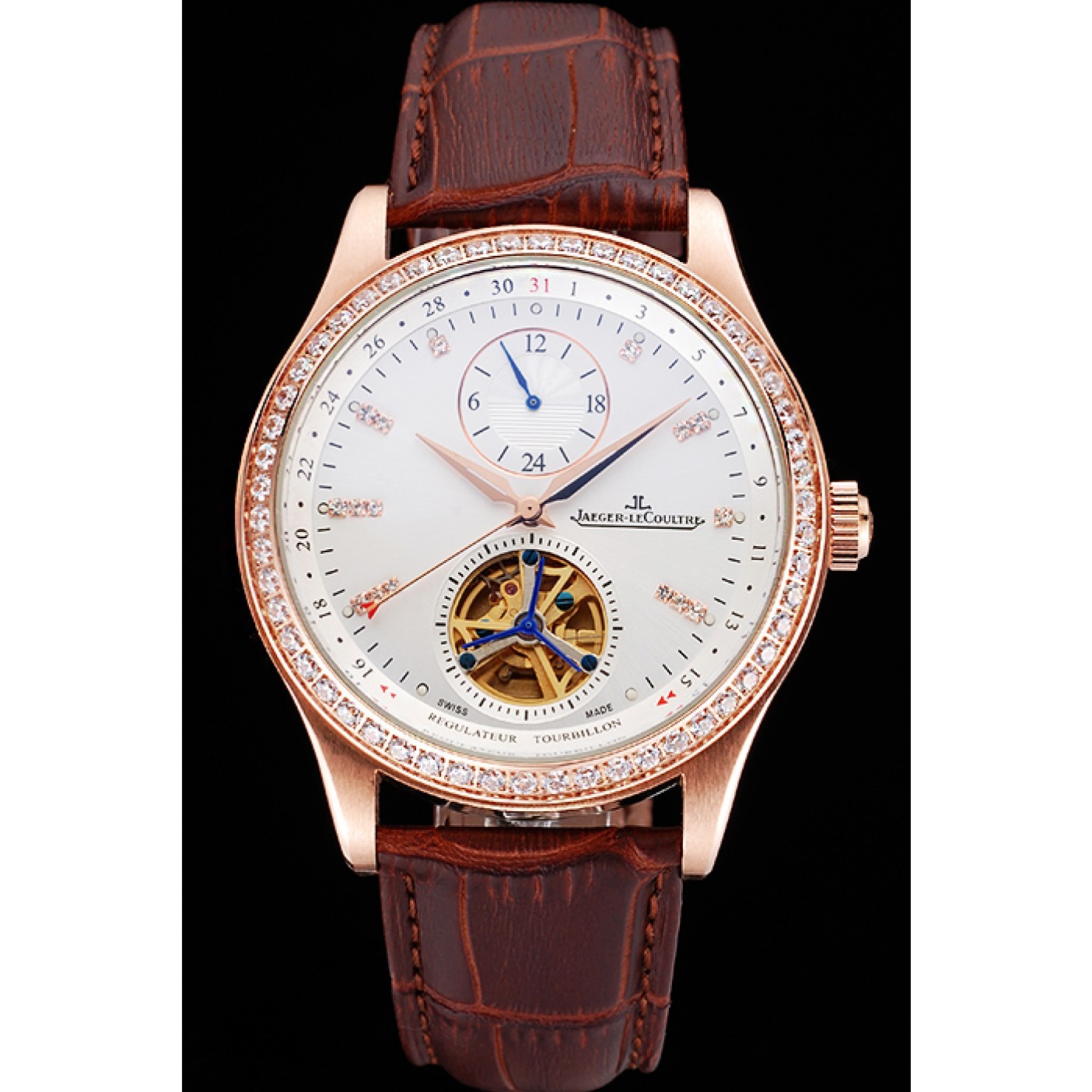 Jaeger-LeCoultre Master Tourbillon Dualtime White Dial Gold Case With Diamonds Brown Leather Strap 622782