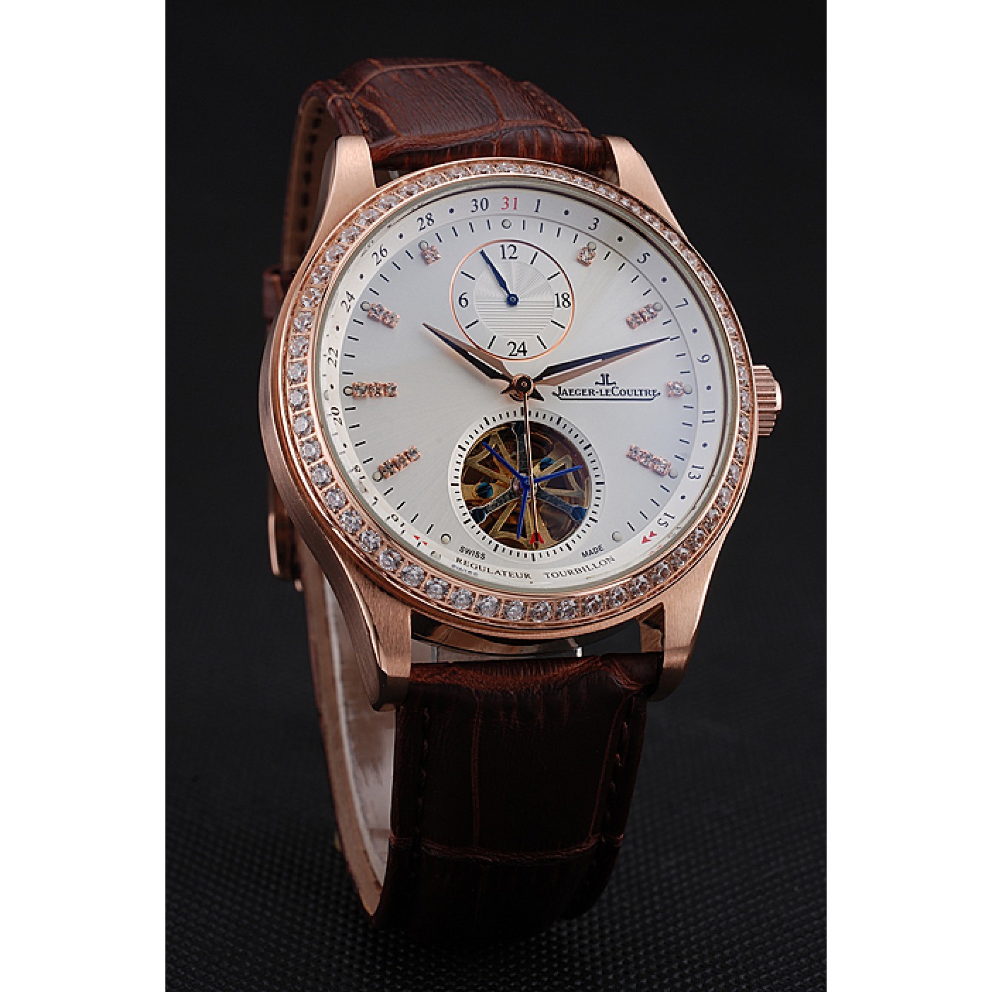 Jaeger-LeCoultre Master Tourbillon Dualtime White Dial Gold Case With Diamonds Brown Leather Strap 622782