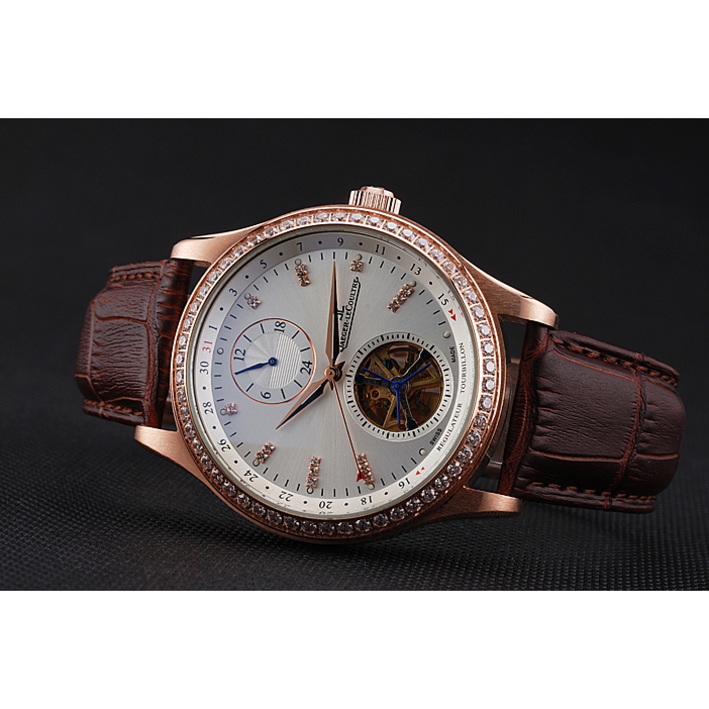 Jaeger-LeCoultre Master Tourbillon Dualtime White Dial Gold Case With Diamonds Brown Leather Strap 622782