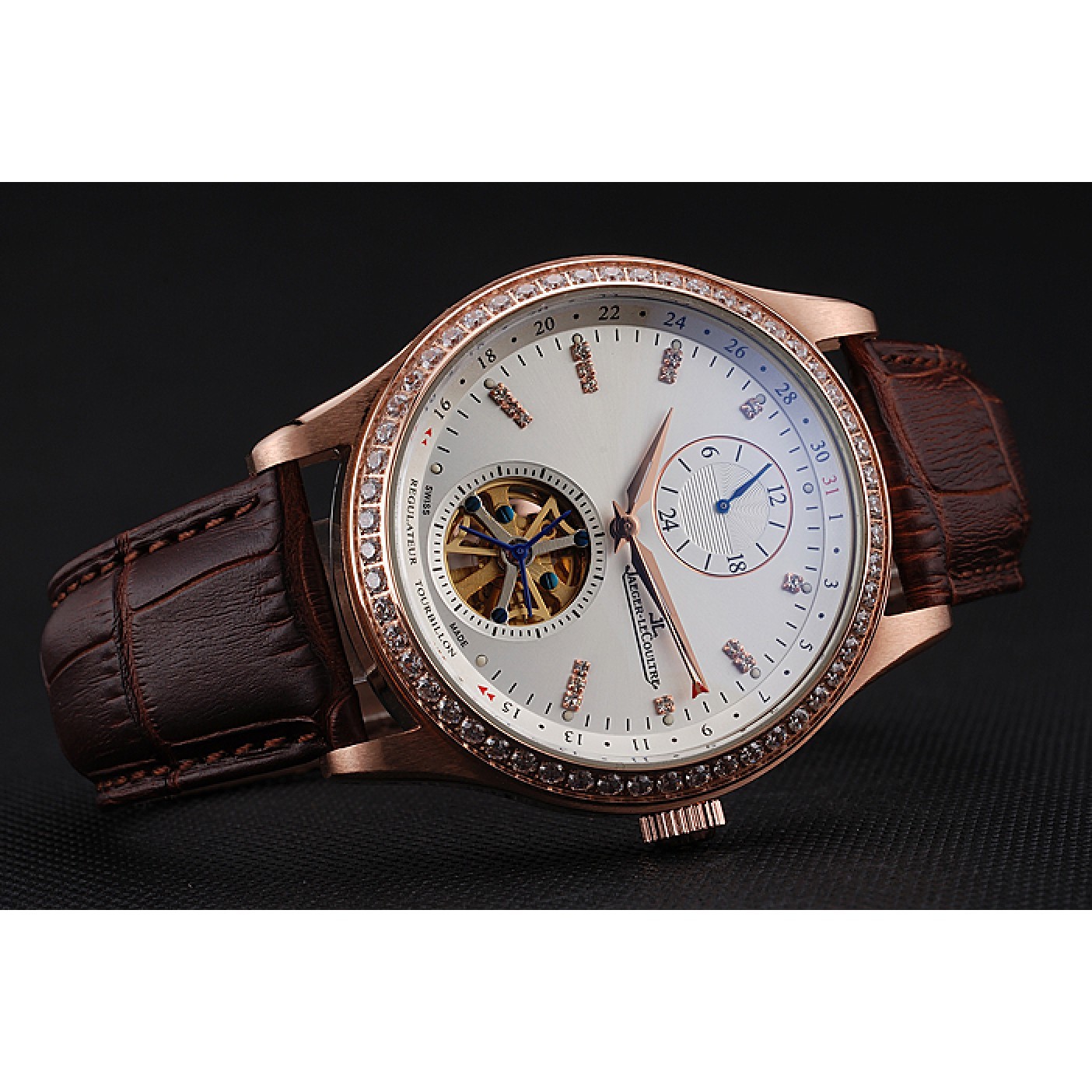 Jaeger-LeCoultre Master Tourbillon Dualtime White Dial Gold Case With Diamonds Brown Leather Strap 622782