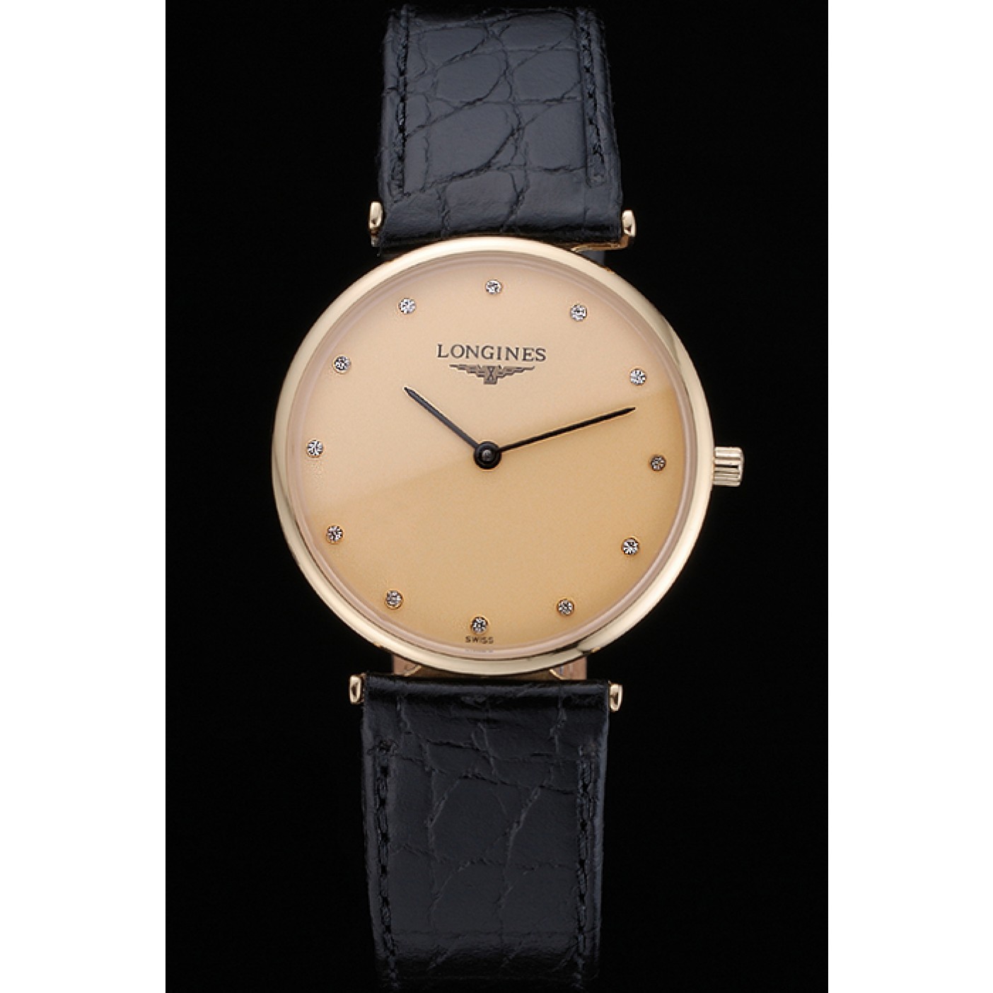 Longines La Grande Classique Champagne Dial Black Leather Band Diamond Markers Homme 622121