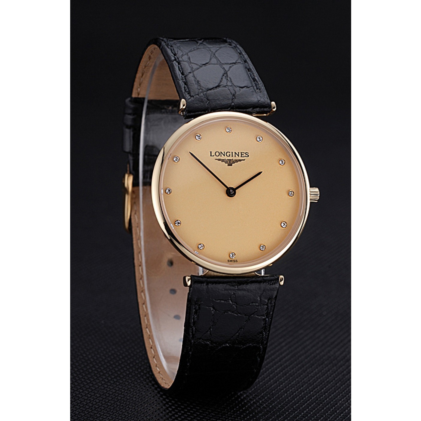 Longines La Grande Classique Champagne Dial Black Leather Band Diamond Markers Homme 622121