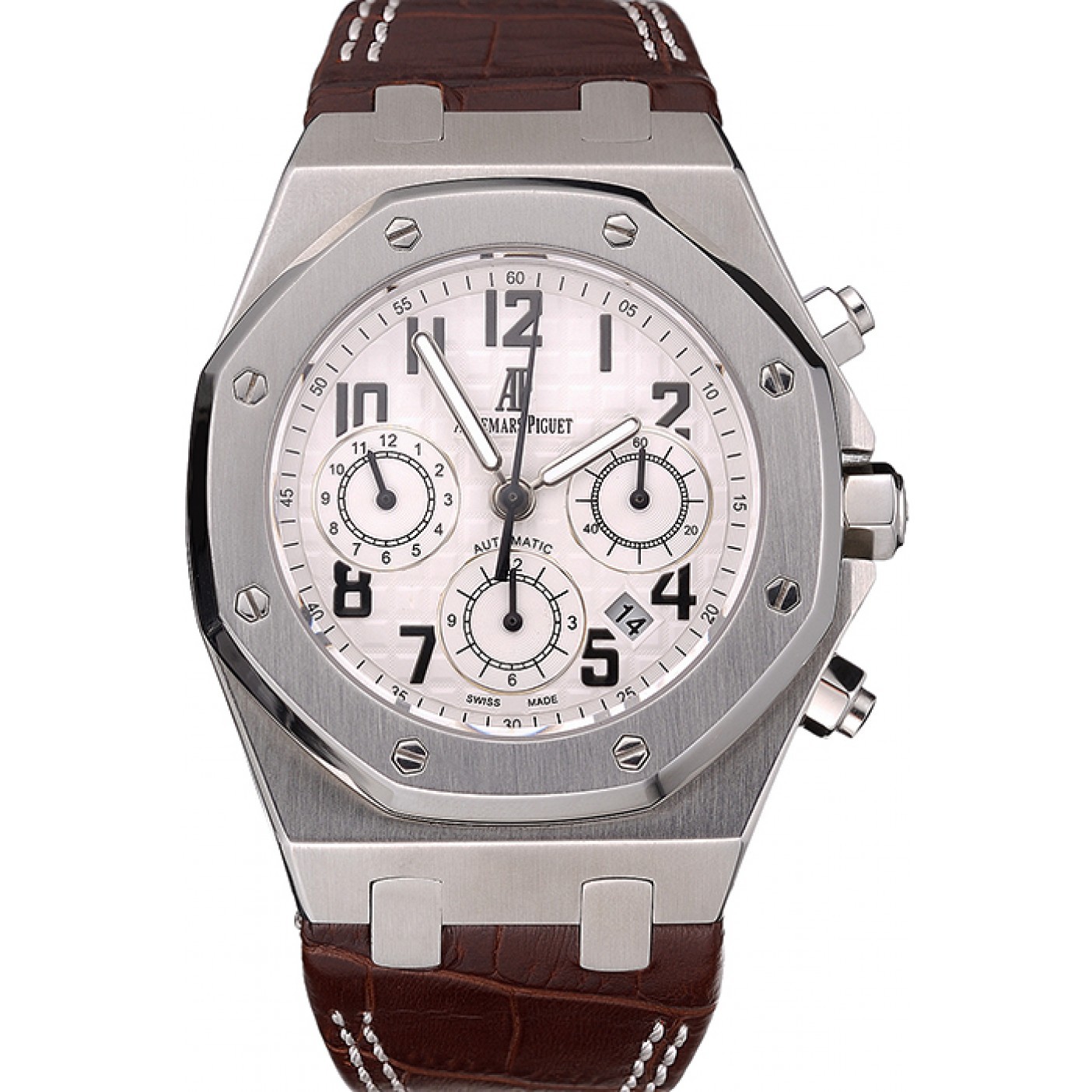 Swiss Audemars Piguet Royal Oak Chronograph White Dial Stainless Steel Case Brown Leather Strap 622864