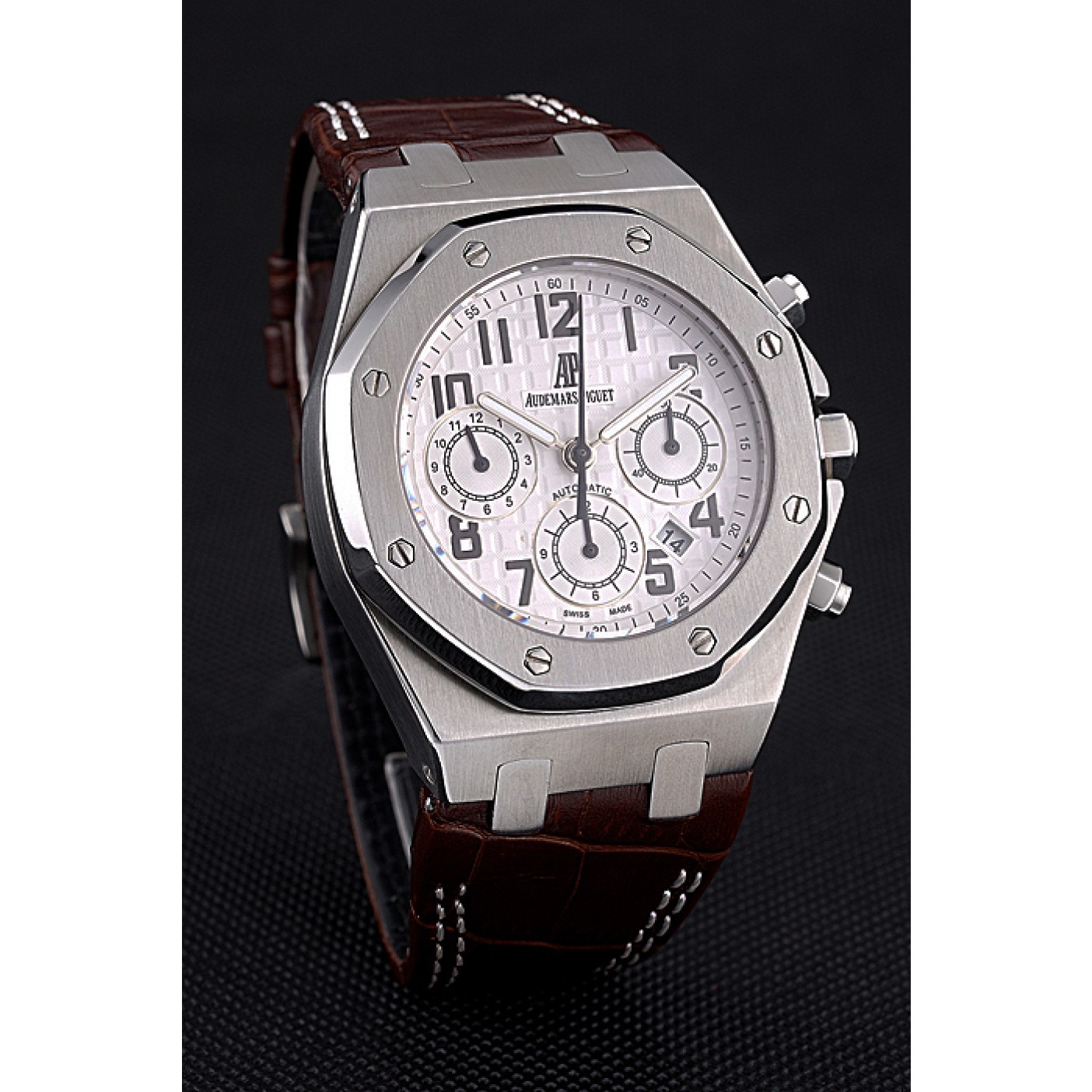 Swiss Audemars Piguet Royal Oak Chronograph White Dial Stainless Steel Case Brown Leather Strap 622864