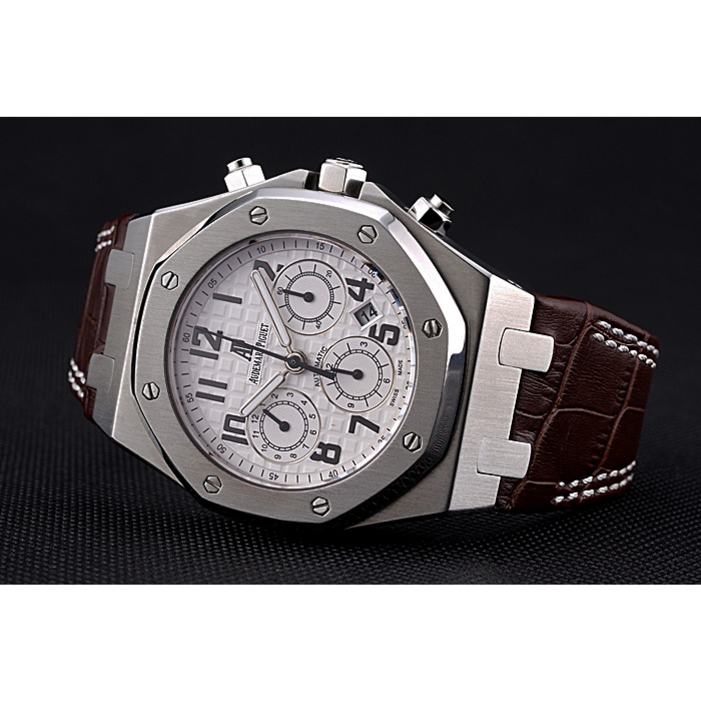 Swiss Audemars Piguet Royal Oak Chronograph White Dial Stainless Steel Case Brown Leather Strap 622864