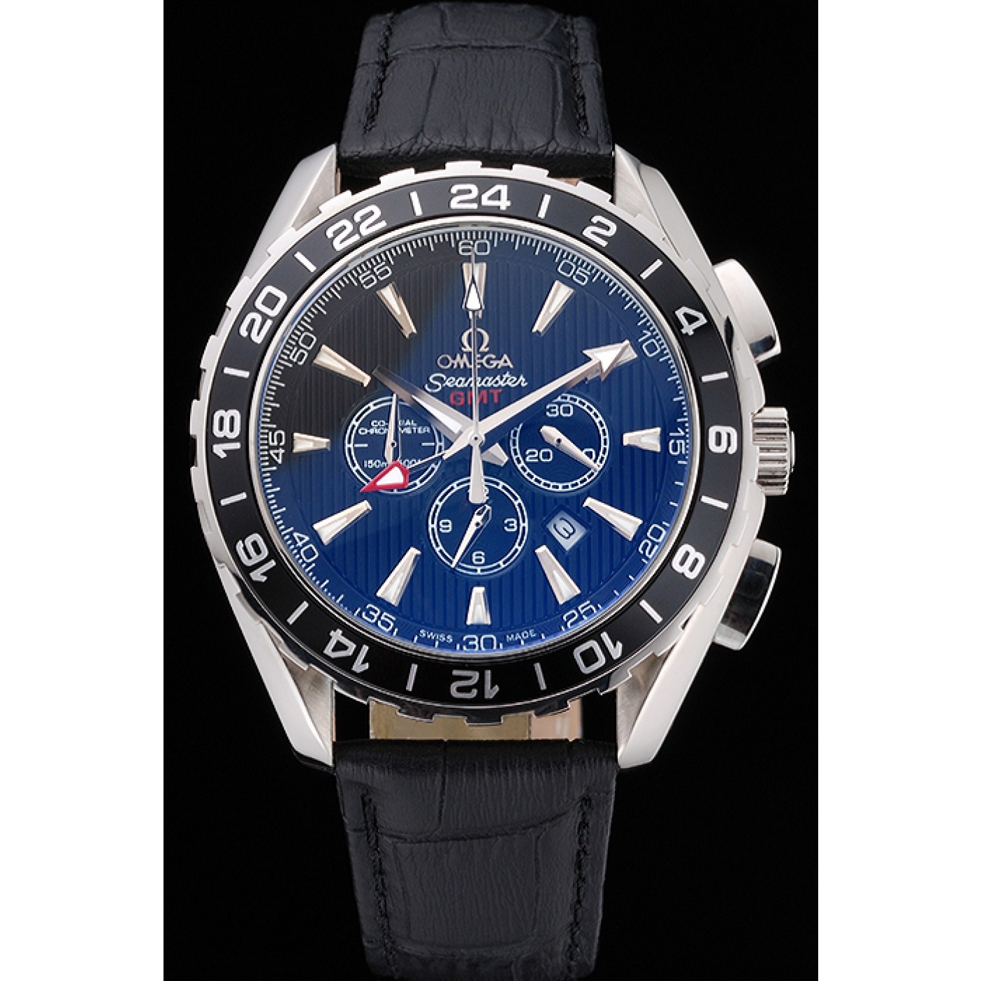 Omega Seamaster Aqua Terra Chrono GMT Black Dial Black Leather Bracelet 622535